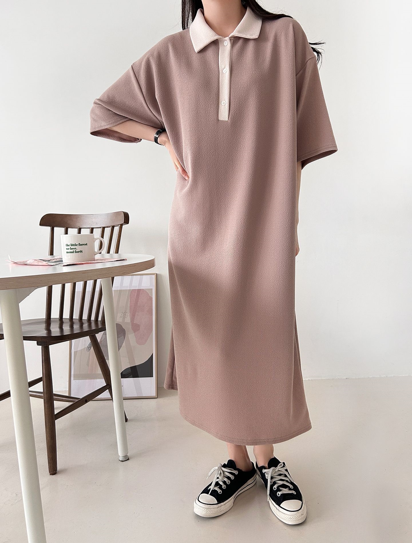 配色ボタンカラーボクシーロングルーズ長袖ワンピース | 詳細画像18