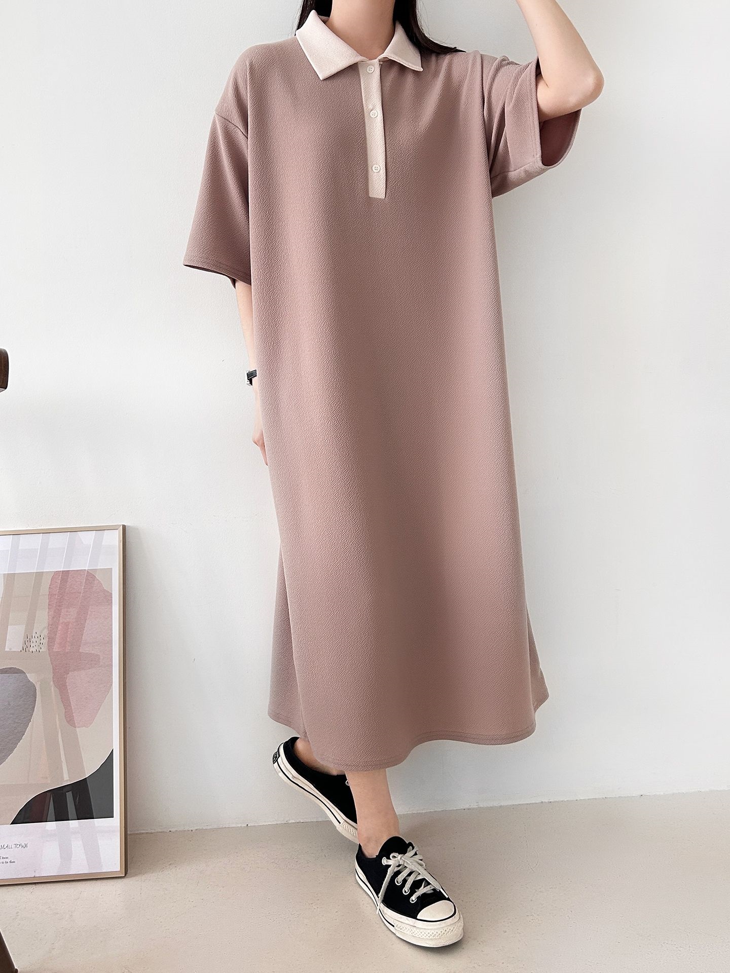 配色ボタンカラーボクシーロングルーズ長袖ワンピース | 詳細画像19