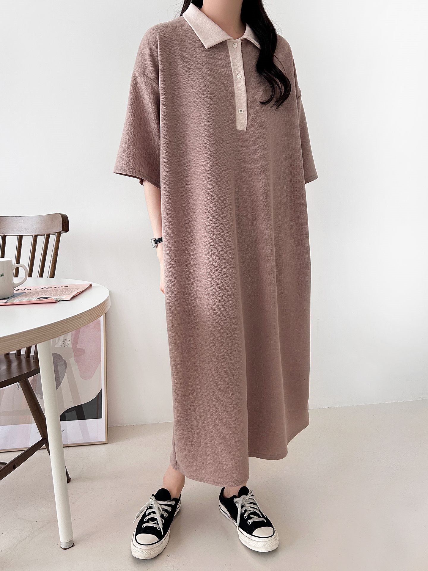 配色ボタンカラーボクシーロングルーズ長袖ワンピース | 詳細画像20