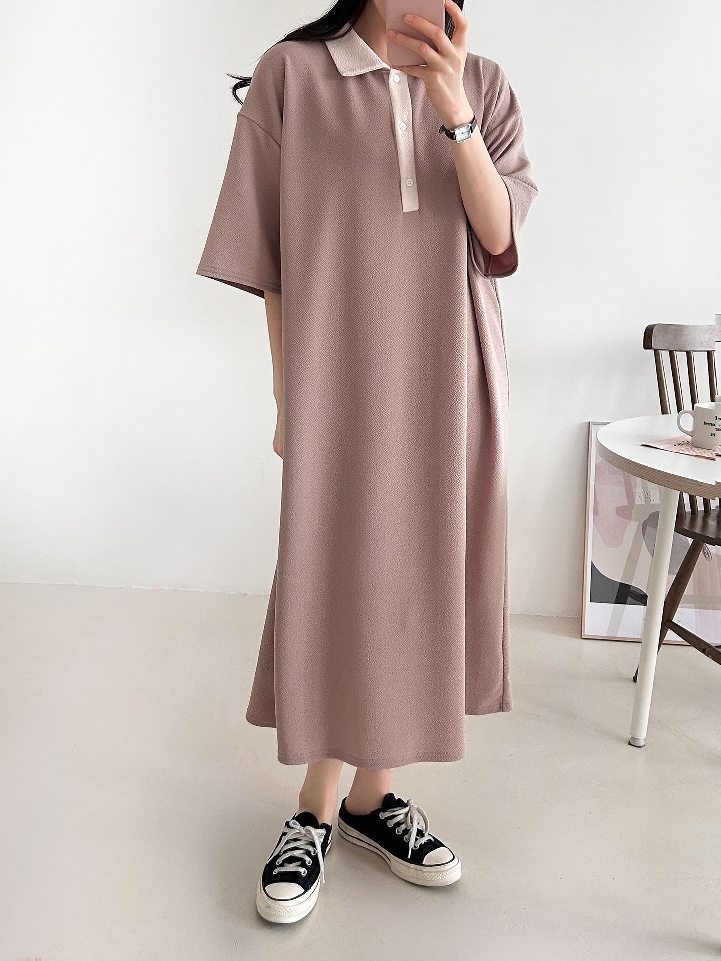 配色ボタンカラーボクシーロングルーズ長袖ワンピース | 詳細画像21