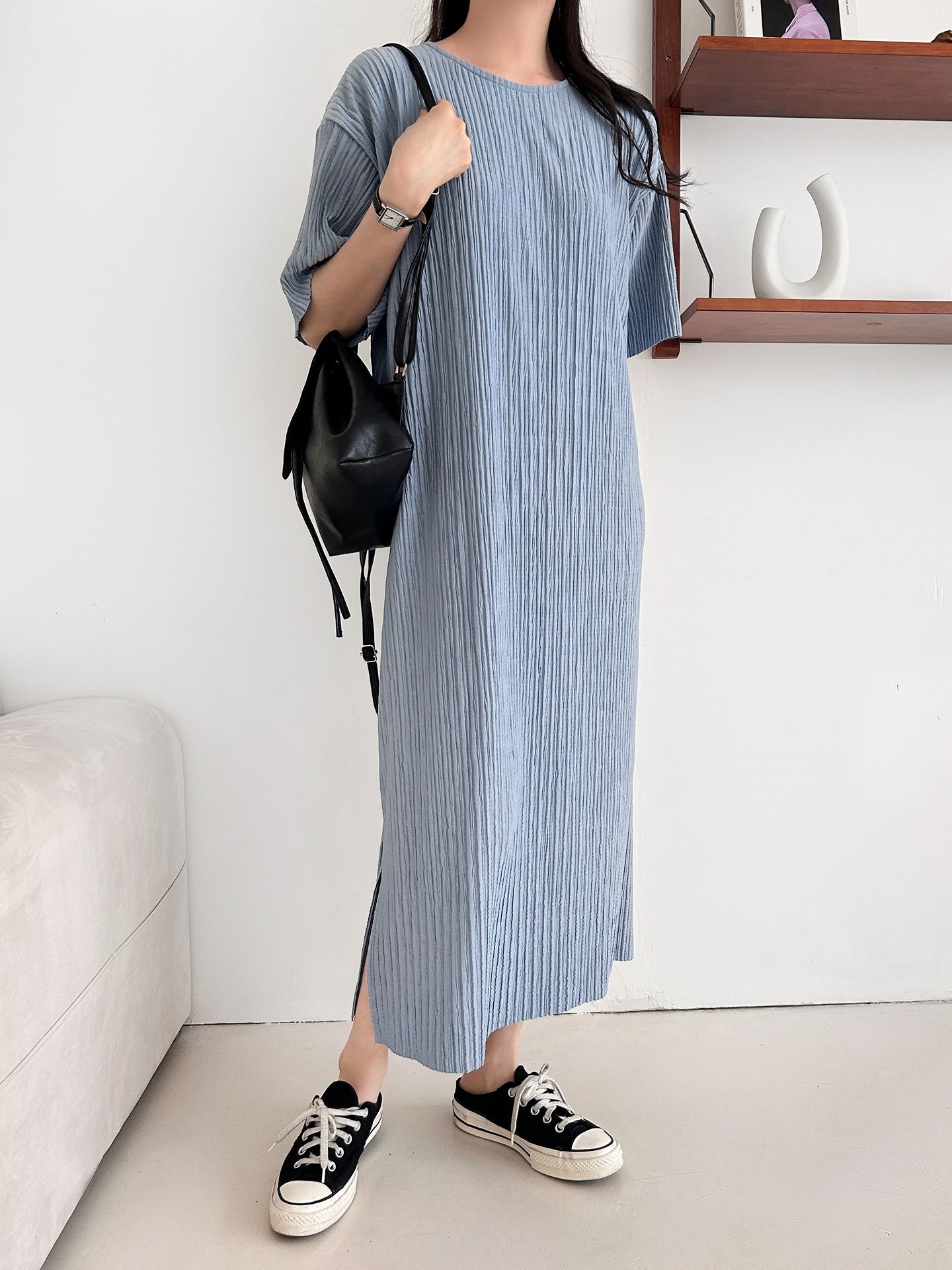 ラウンドネックリンクルロング半袖ワンピース | 詳細画像3