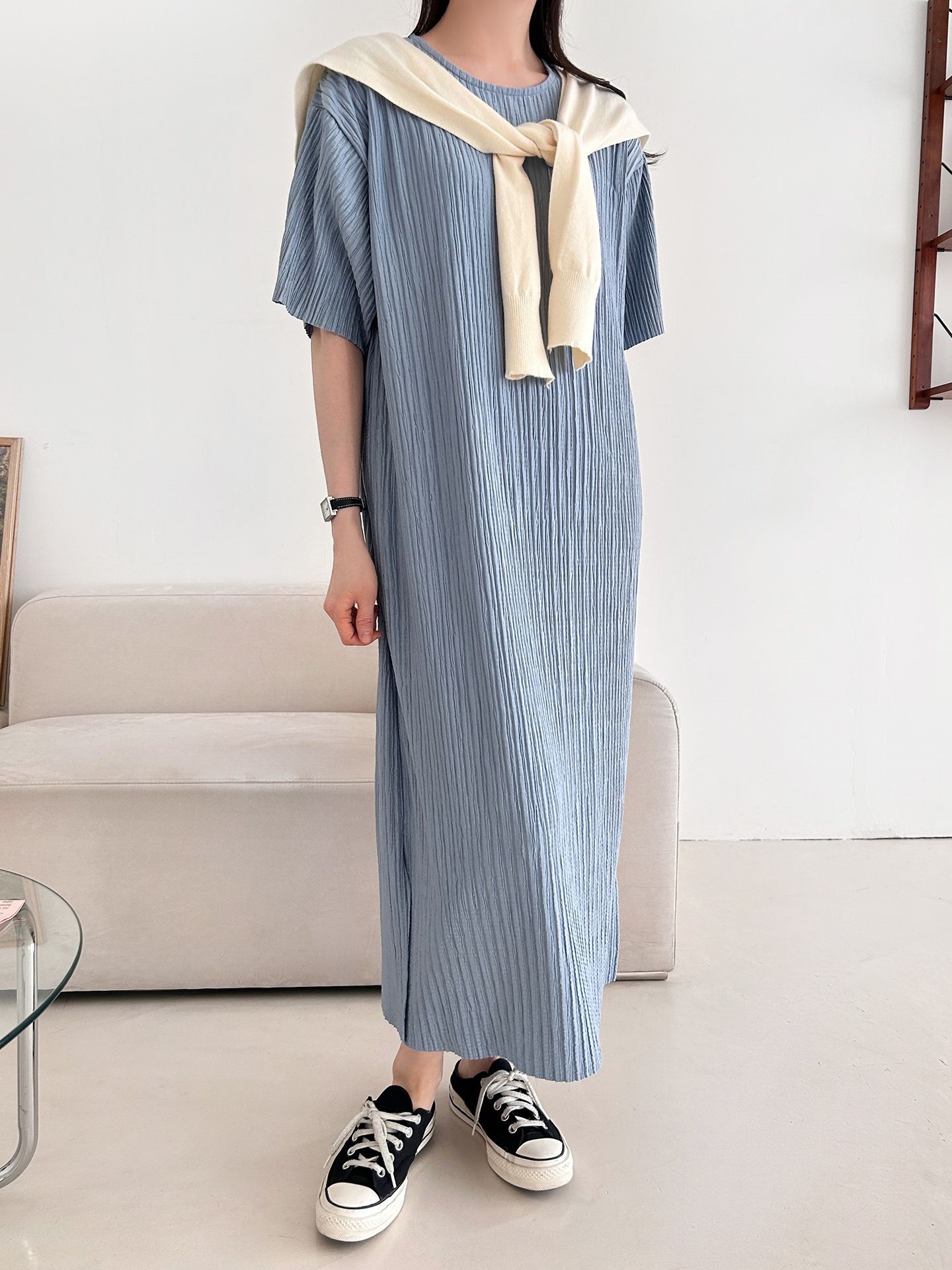 ラウンドネックリンクルロング半袖ワンピース | 詳細画像4