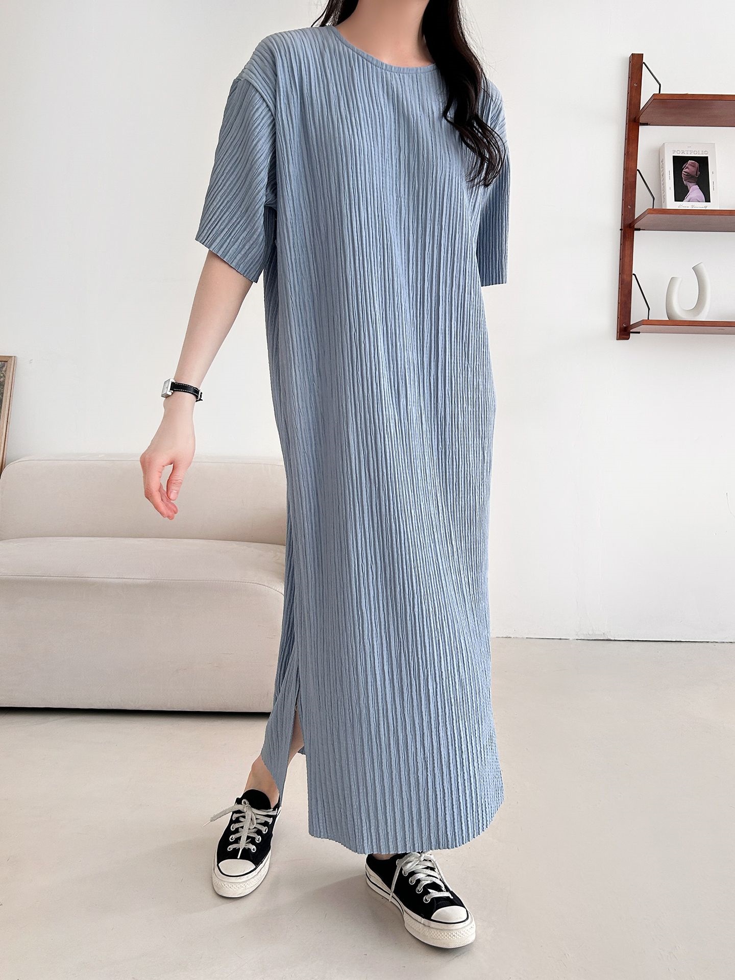 ラウンドネックリンクルロング半袖ワンピース | 詳細画像5