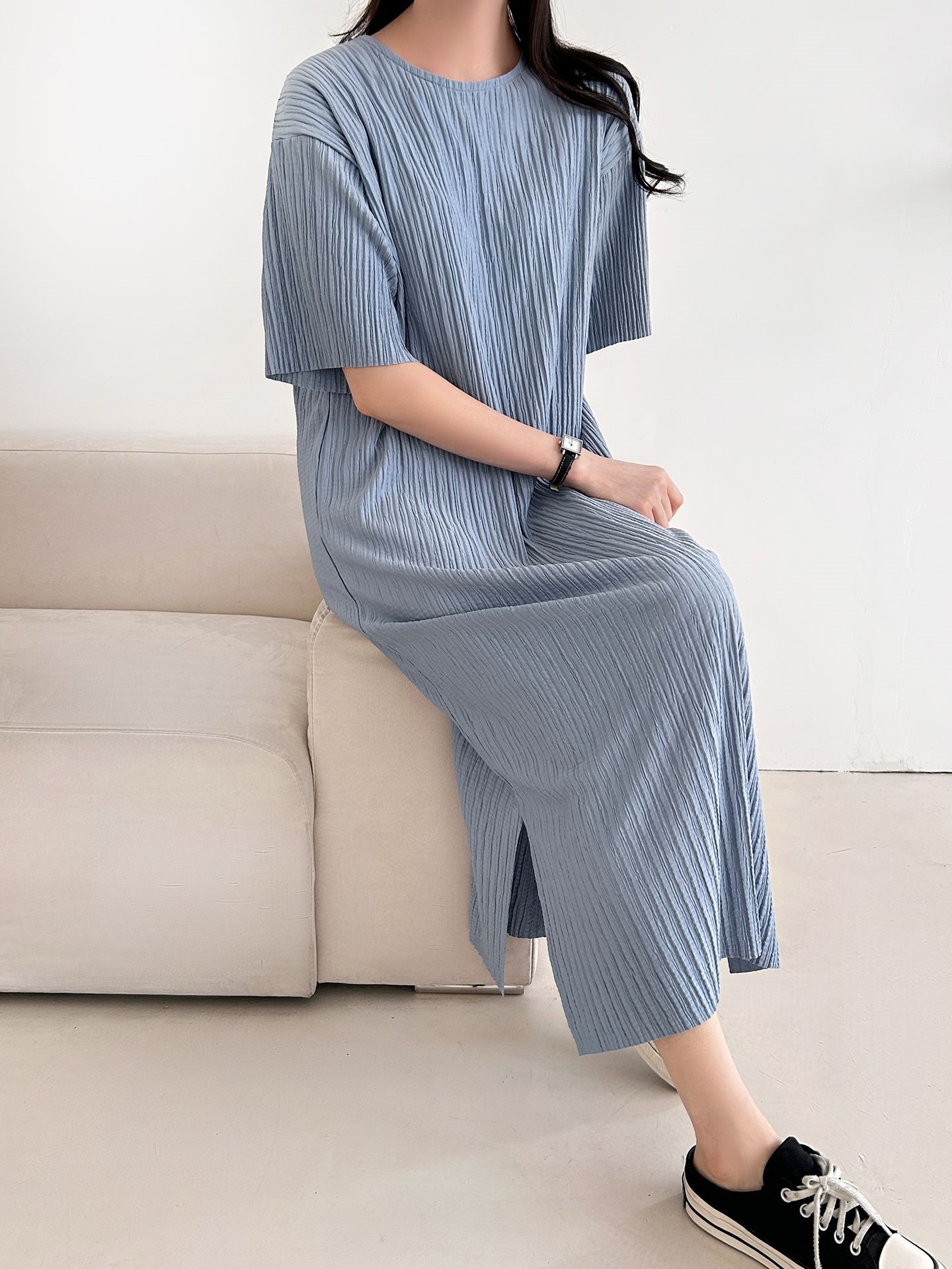 ラウンドネックリンクルロング半袖ワンピース | 詳細画像6