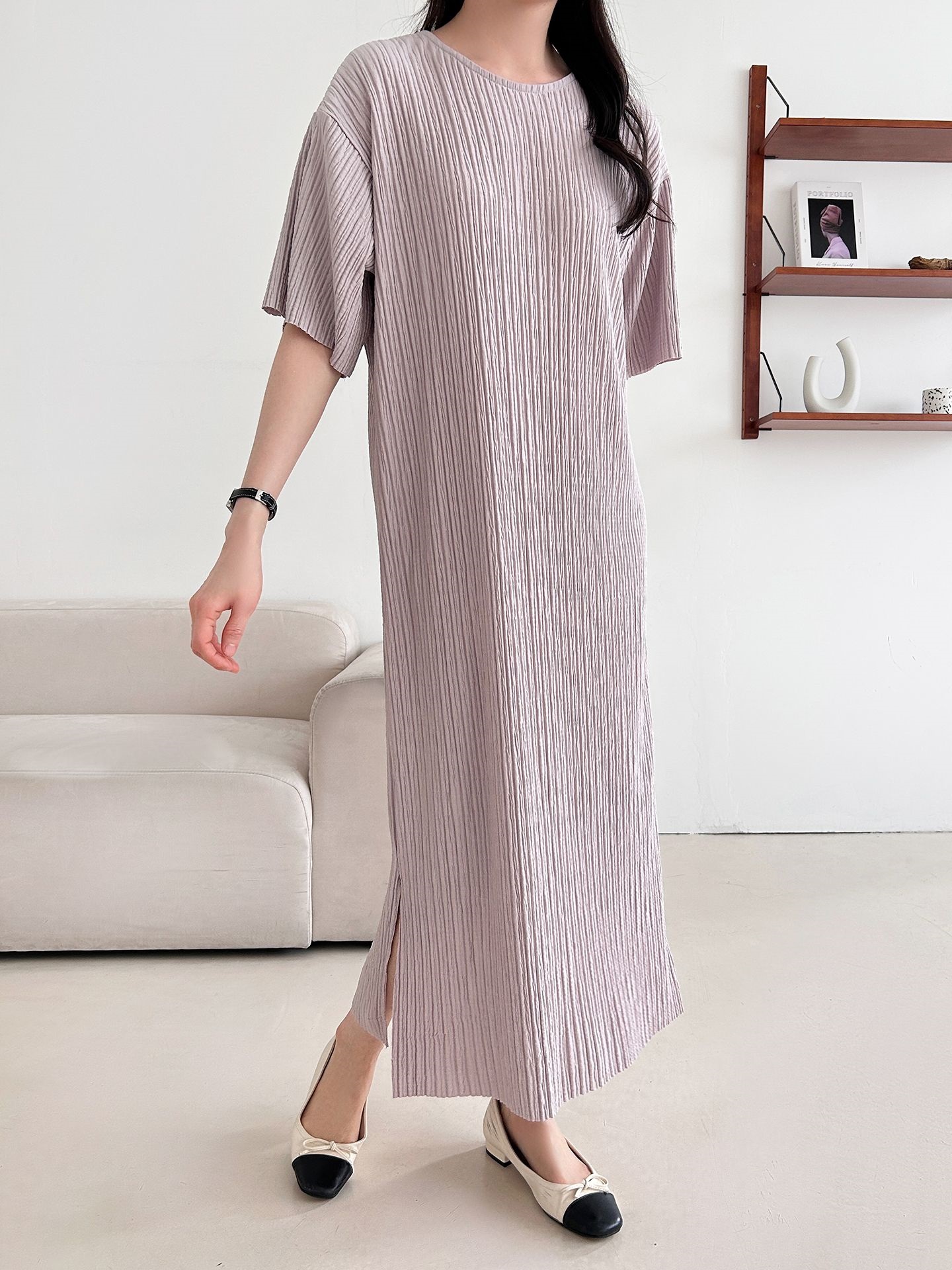 ラウンドネックリンクルロング半袖ワンピース | 詳細画像7