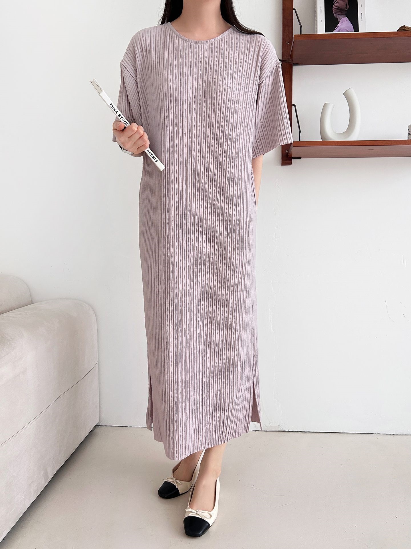 ラウンドネックリンクルロング半袖ワンピース | 詳細画像9