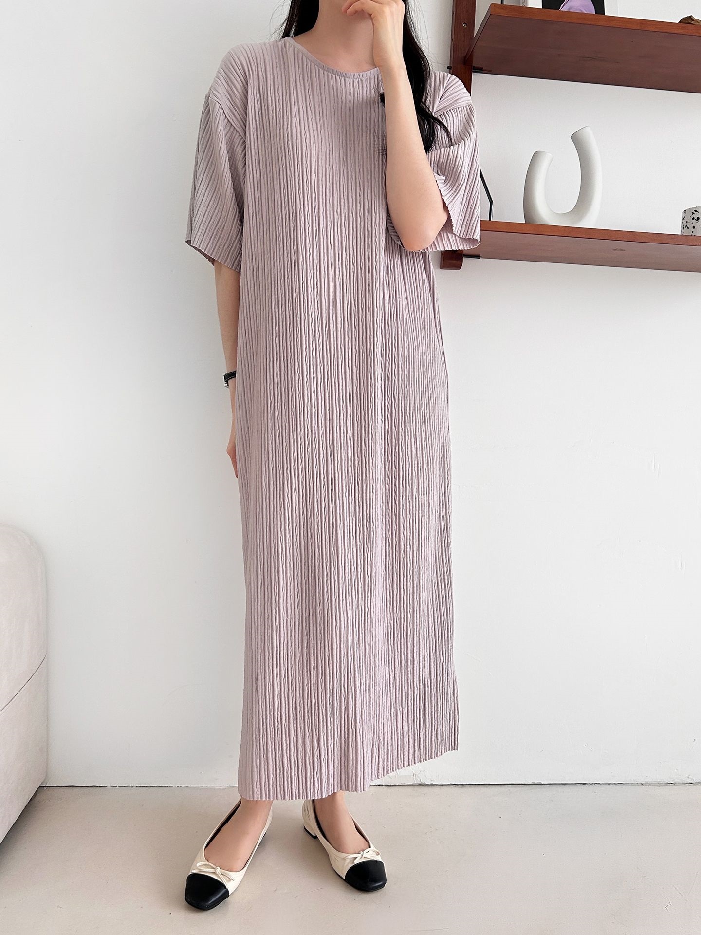 ラウンドネックリンクルロング半袖ワンピース | 詳細画像10