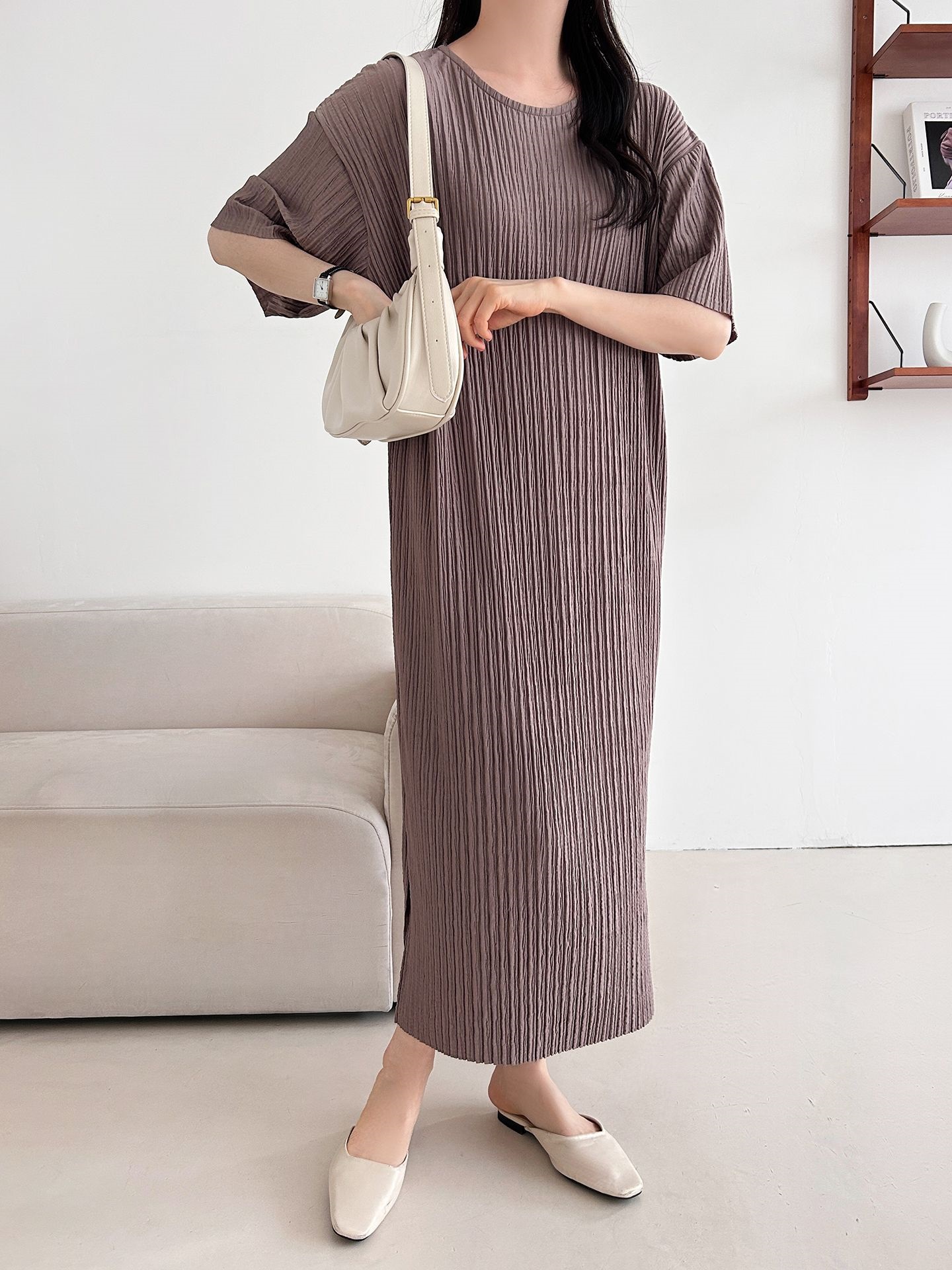 ラウンドネックリンクルロング半袖ワンピース | 詳細画像11