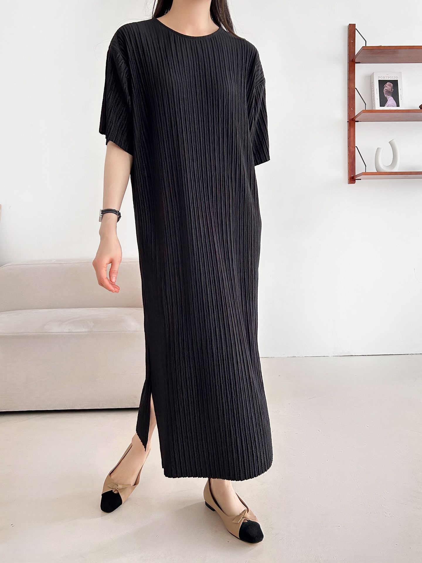 ラウンドネックリンクルロング半袖ワンピース | 詳細画像12