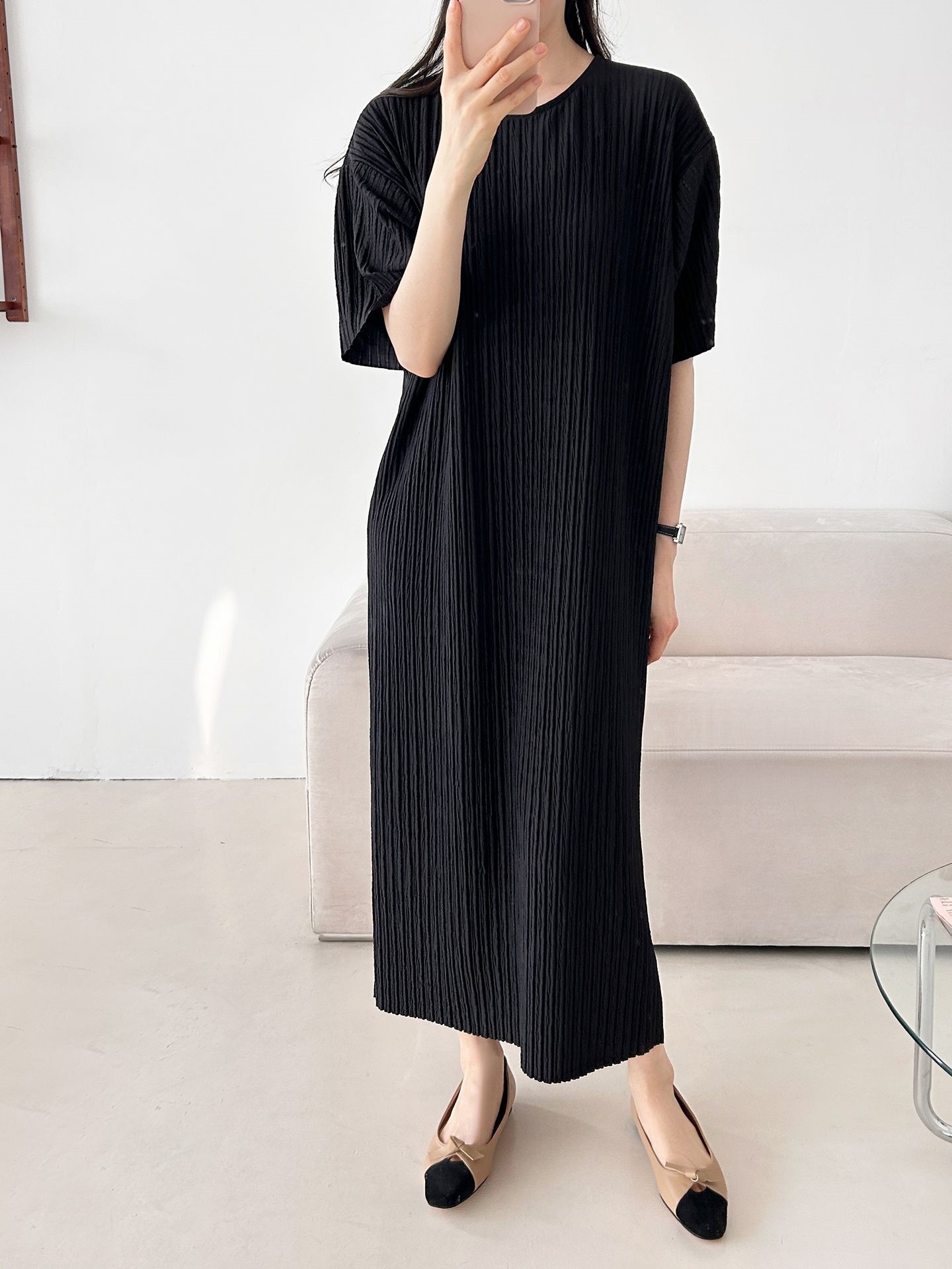 ラウンドネックリンクルロング半袖ワンピース | 詳細画像14