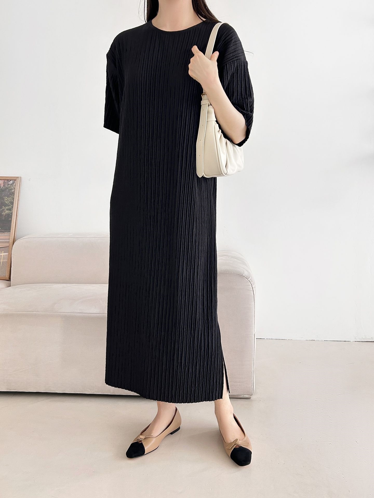 ラウンドネックリンクルロング半袖ワンピース | 詳細画像15