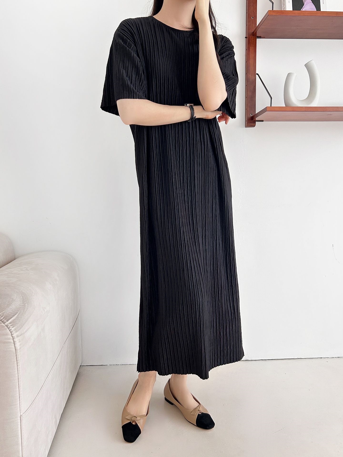 ラウンドネックリンクルロング半袖ワンピース | 詳細画像16