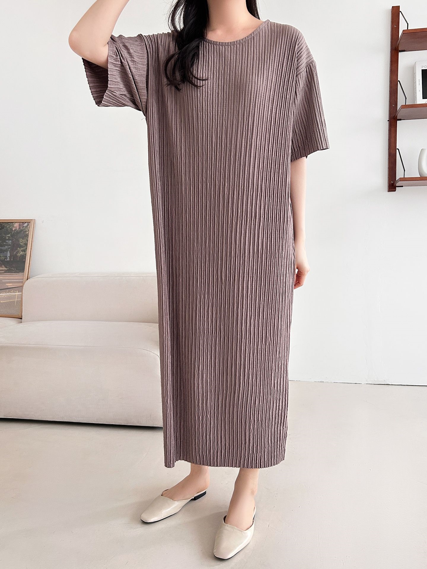 ラウンドネックリンクルロング半袖ワンピース | 詳細画像23