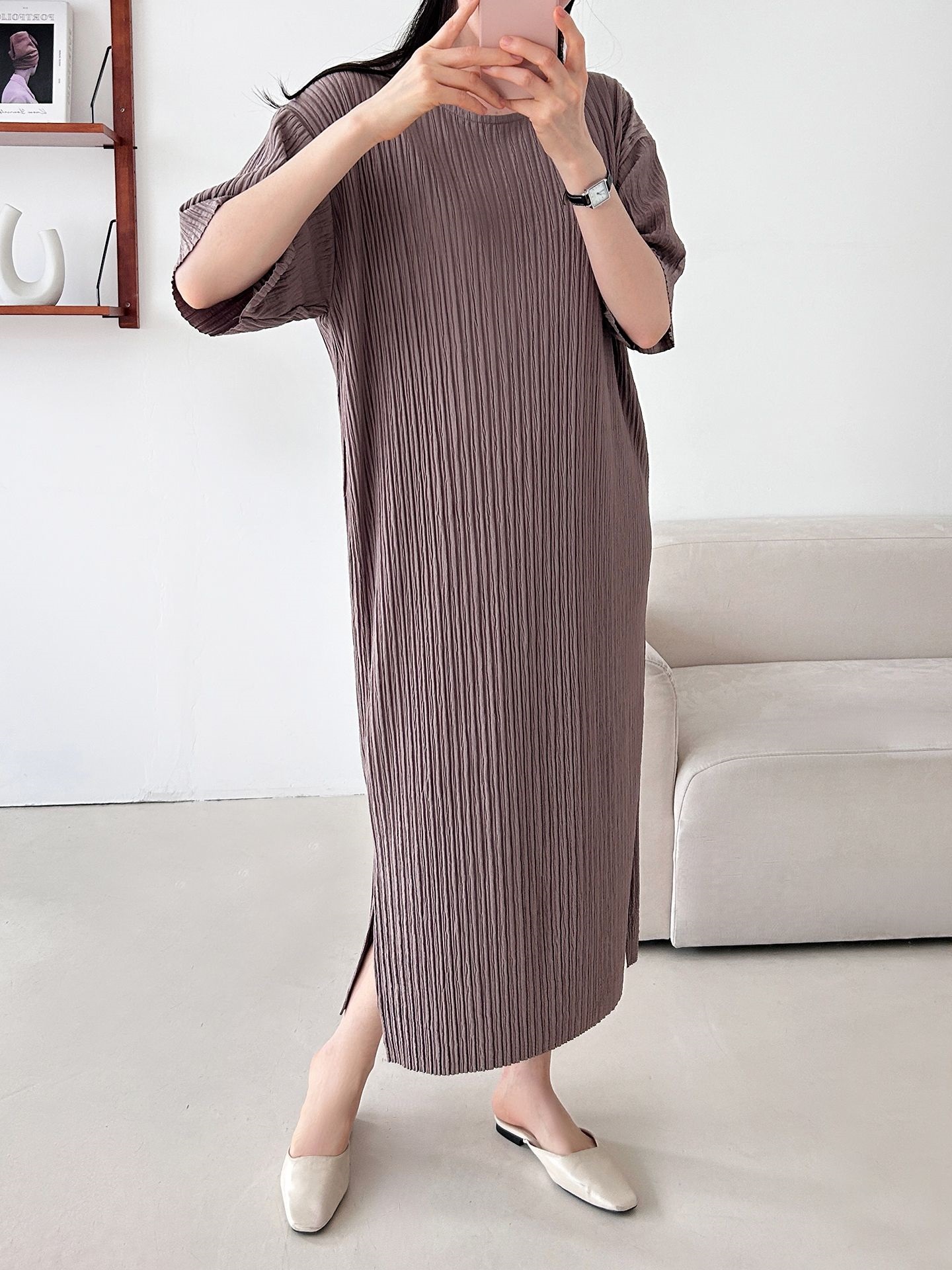 ラウンドネックリンクルロング半袖ワンピース | 詳細画像29