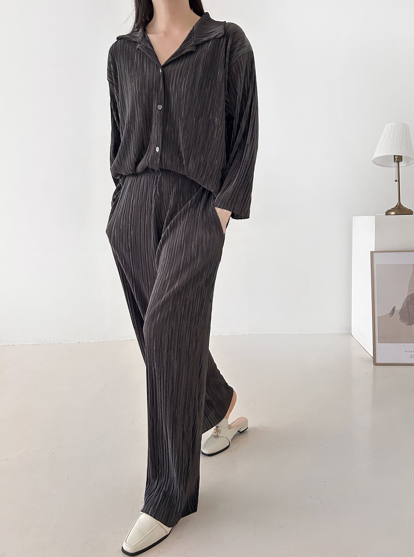 カラーリンクルベーシックウエストゴム長袖ワイドセットアップパンツシャツ | 詳細画像3