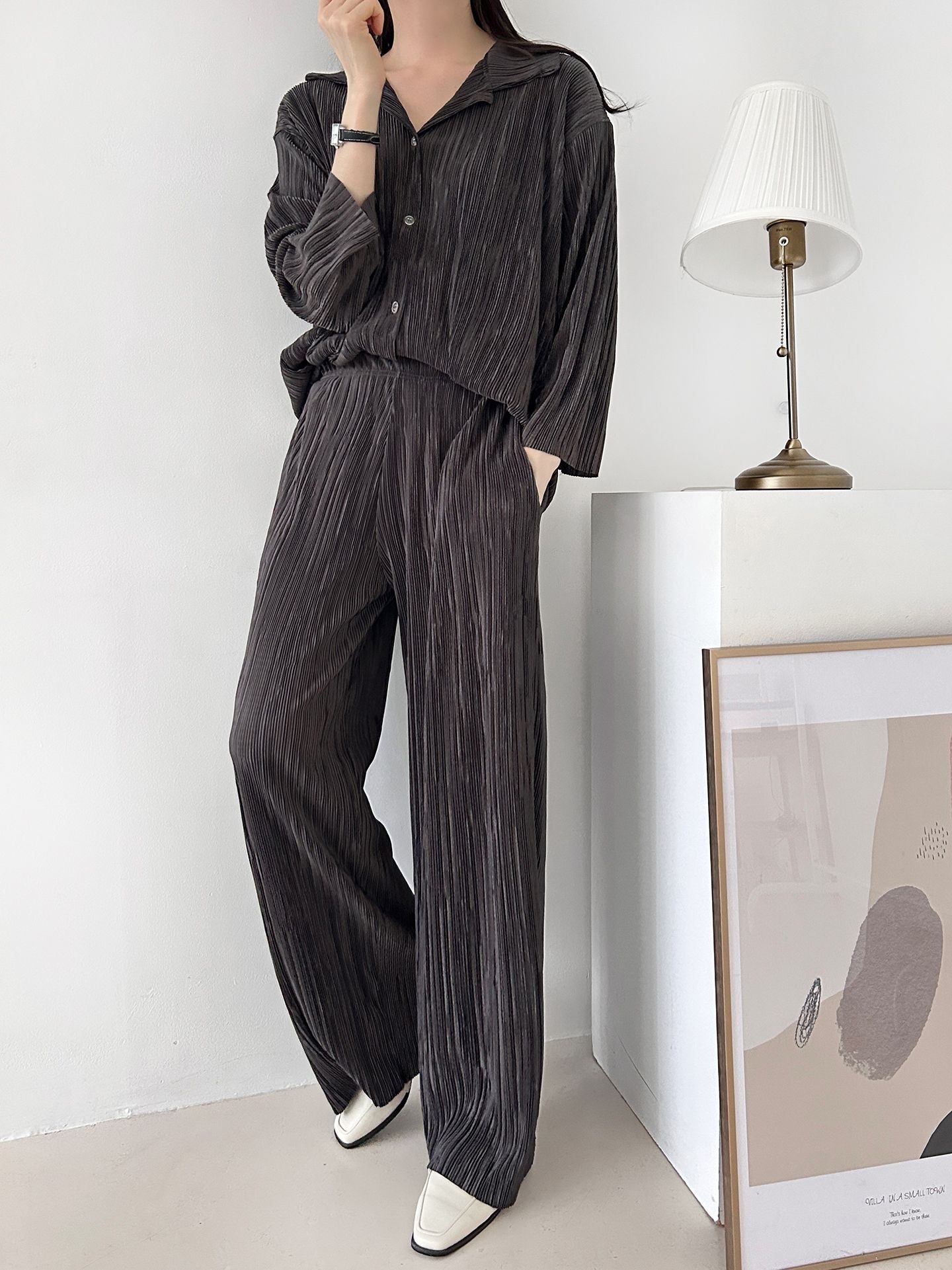 カラーリンクルベーシックウエストゴム長袖ワイドセットアップパンツシャツ | 詳細画像4