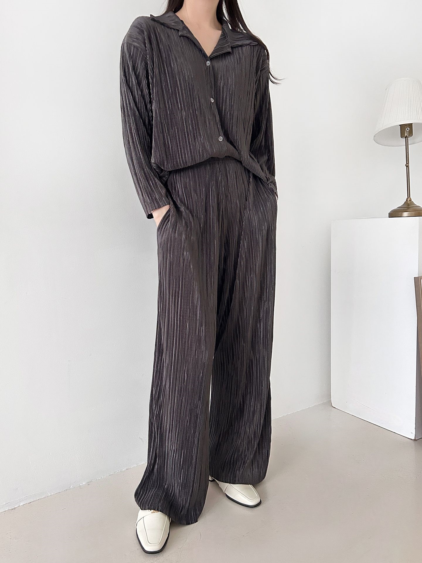 カラーリンクルベーシックウエストゴム長袖ワイドセットアップパンツシャツ | 詳細画像5