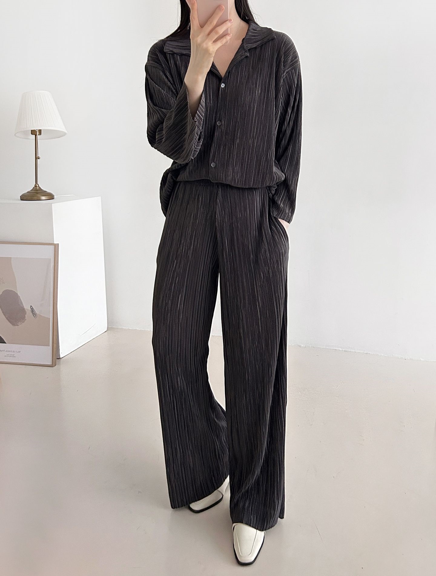 カラーリンクルベーシックウエストゴム長袖ワイドセットアップパンツシャツ | 詳細画像7