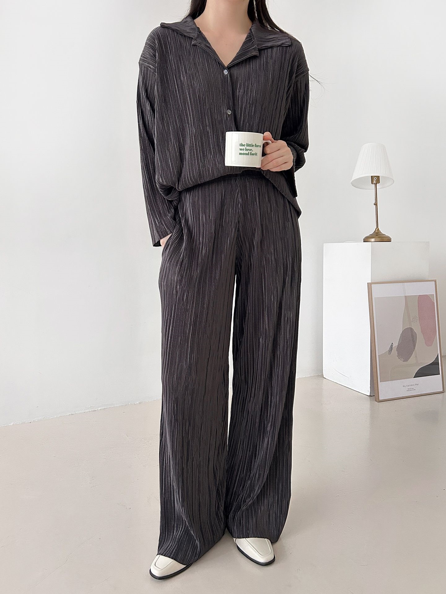 カラーリンクルベーシックウエストゴム長袖ワイドセットアップパンツシャツ | 詳細画像8