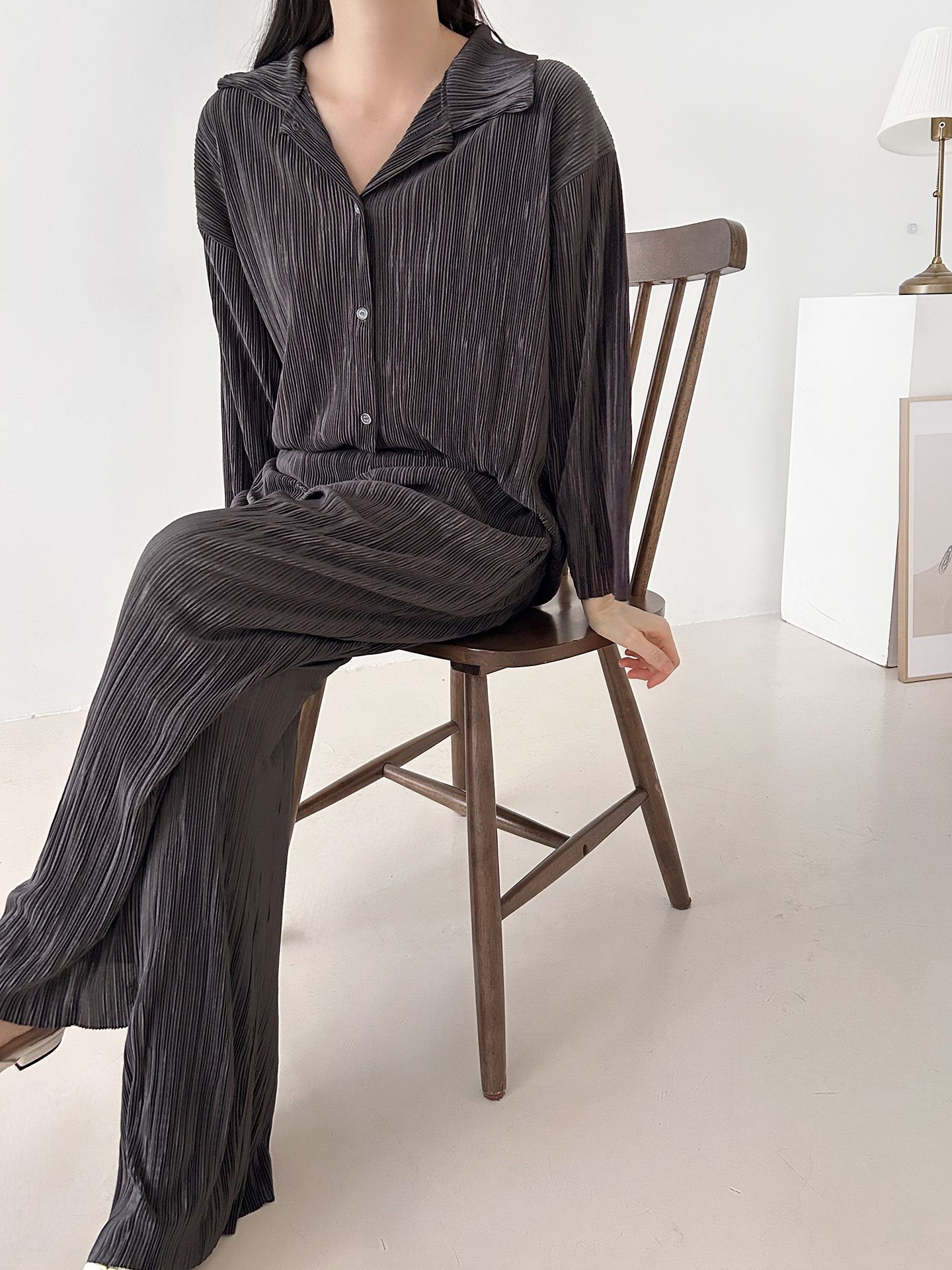 カラーリンクルベーシックウエストゴム長袖ワイドセットアップパンツシャツ | 詳細画像9