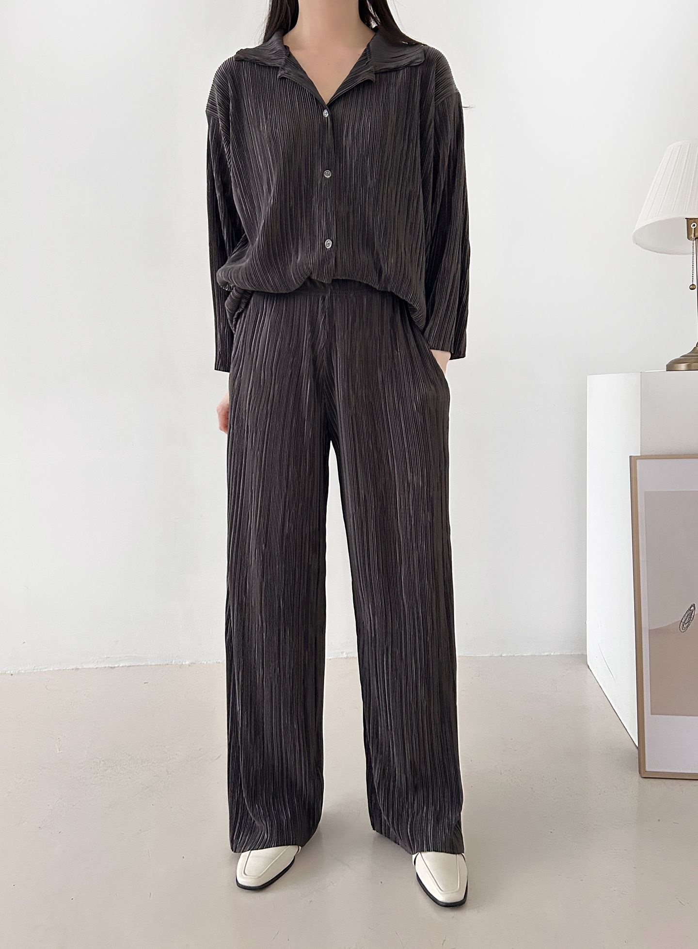 カラーリンクルベーシックウエストゴム長袖ワイドセットアップパンツシャツ | 詳細画像10