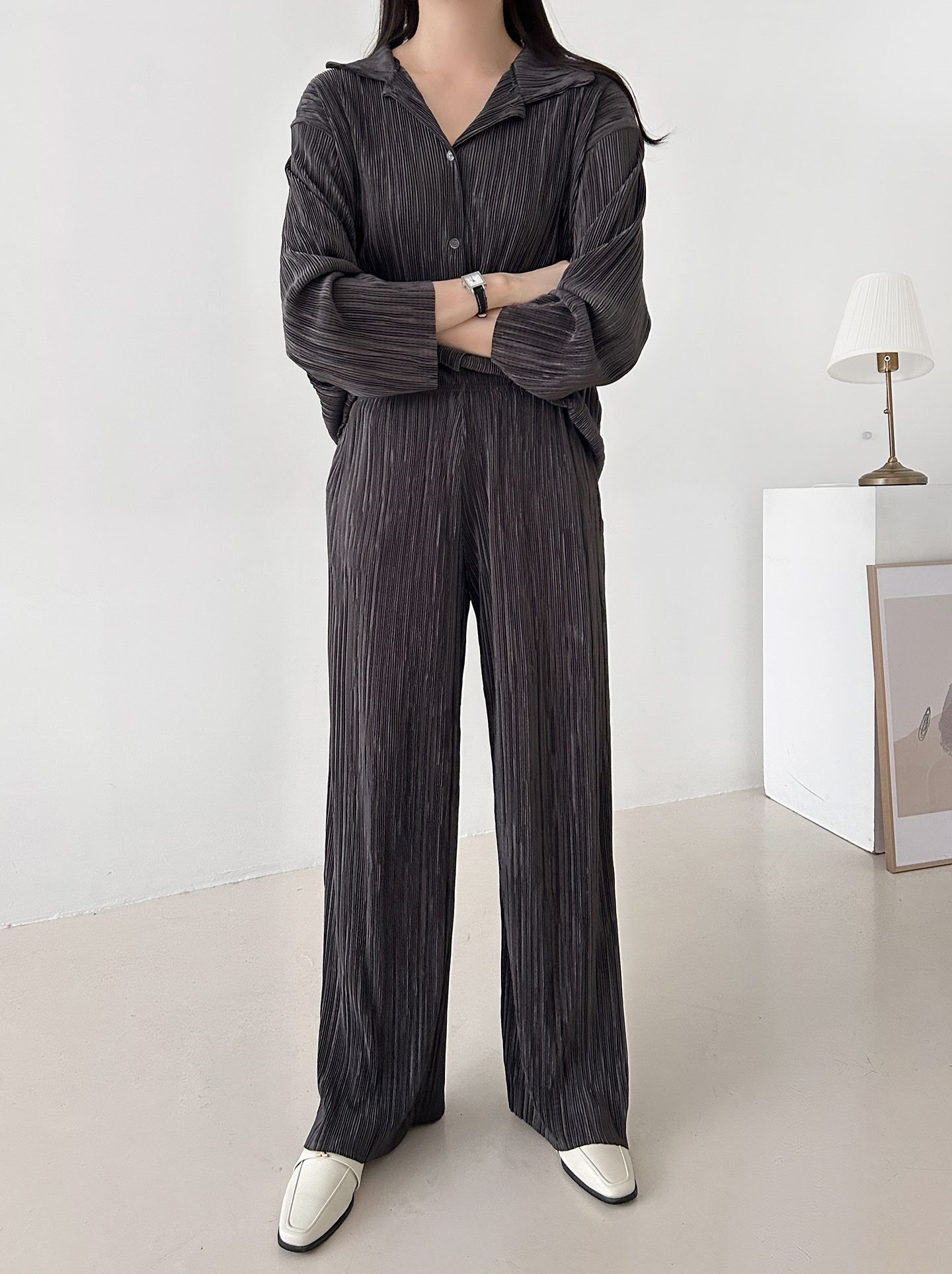 カラーリンクルベーシックウエストゴム長袖ワイドセットアップパンツシャツ | 詳細画像12