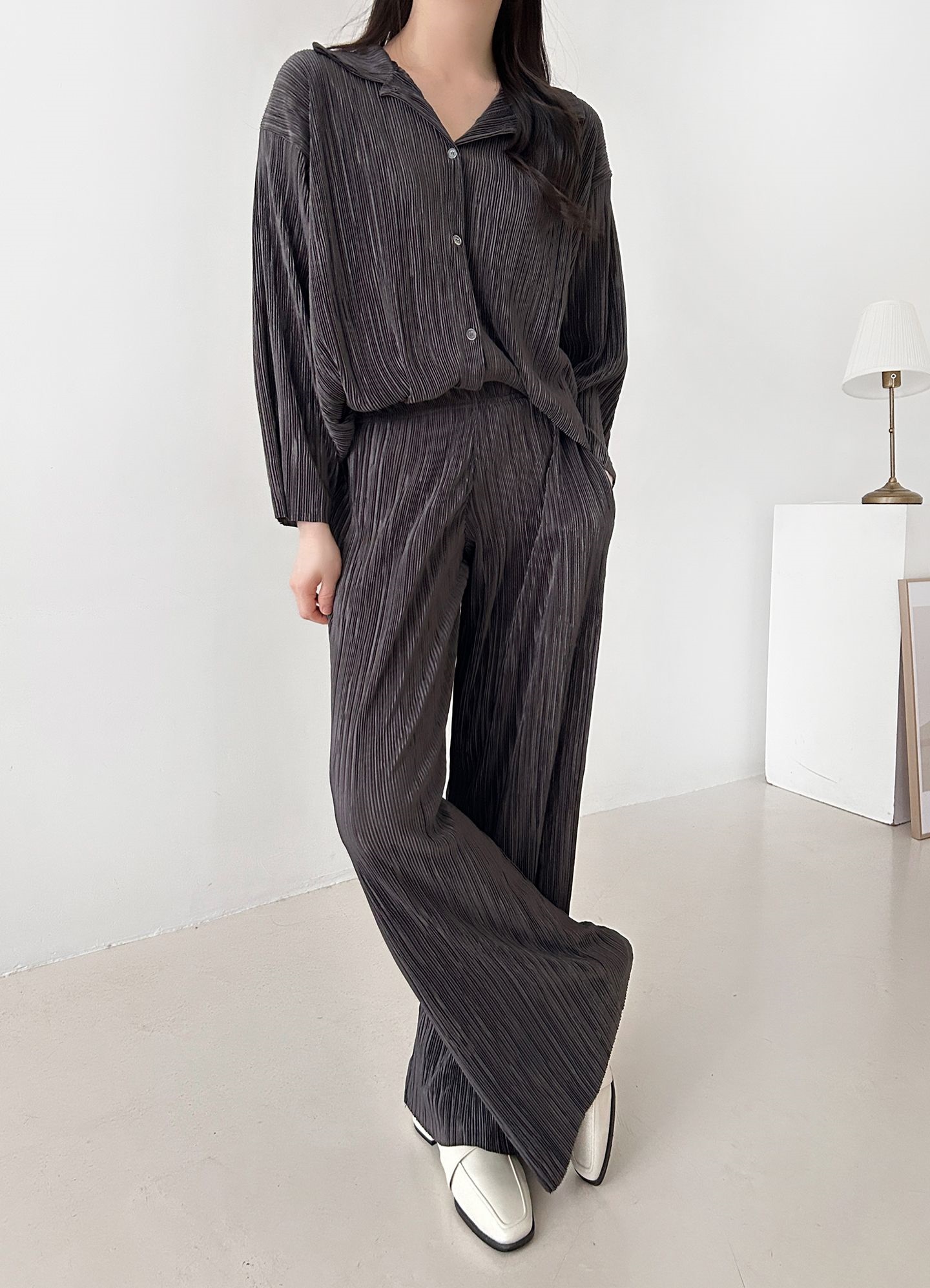 カラーリンクルベーシックウエストゴム長袖ワイドセットアップパンツシャツ | 詳細画像13