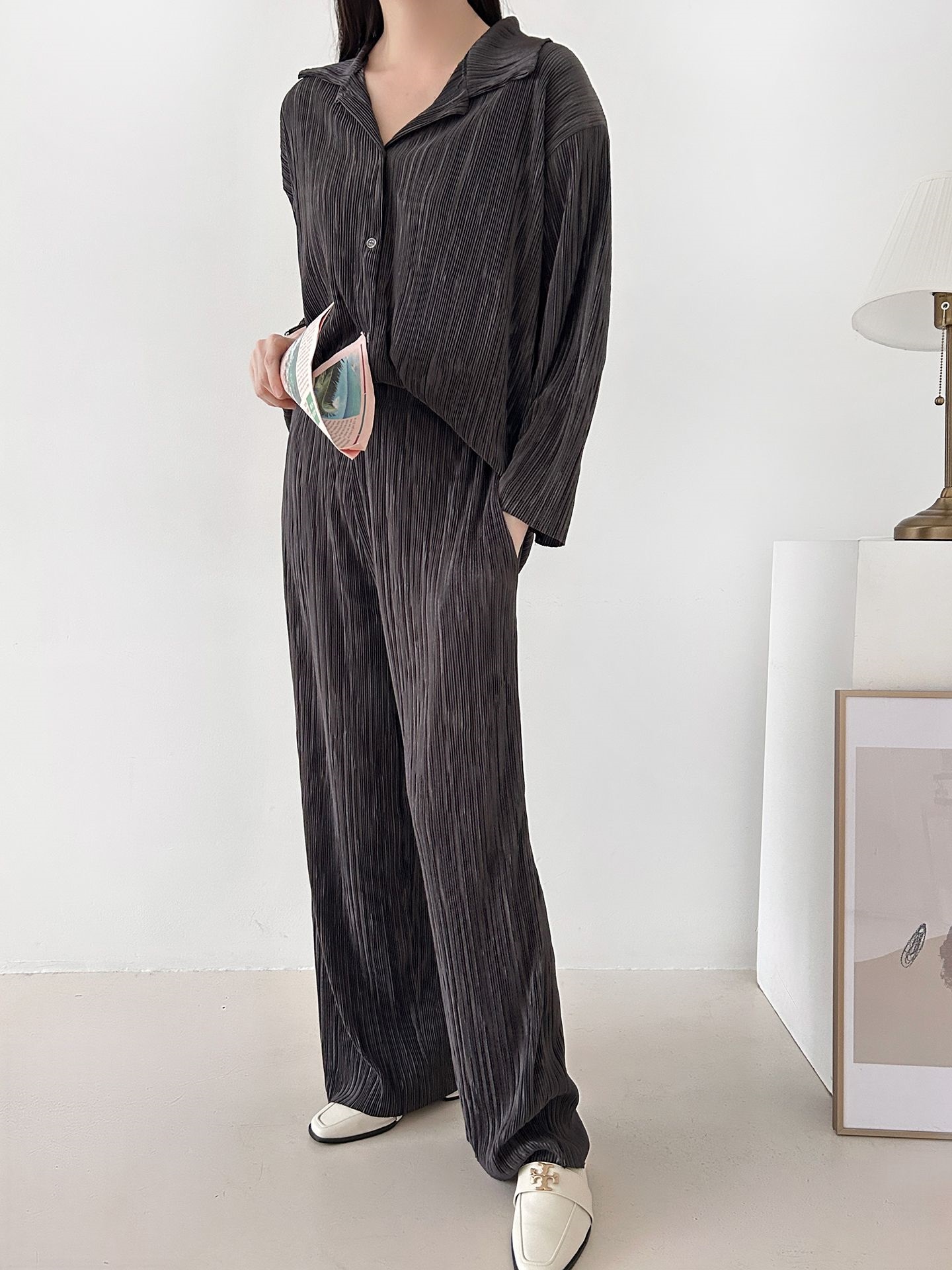 カラーリンクルベーシックウエストゴム長袖ワイドセットアップパンツシャツ | 詳細画像14