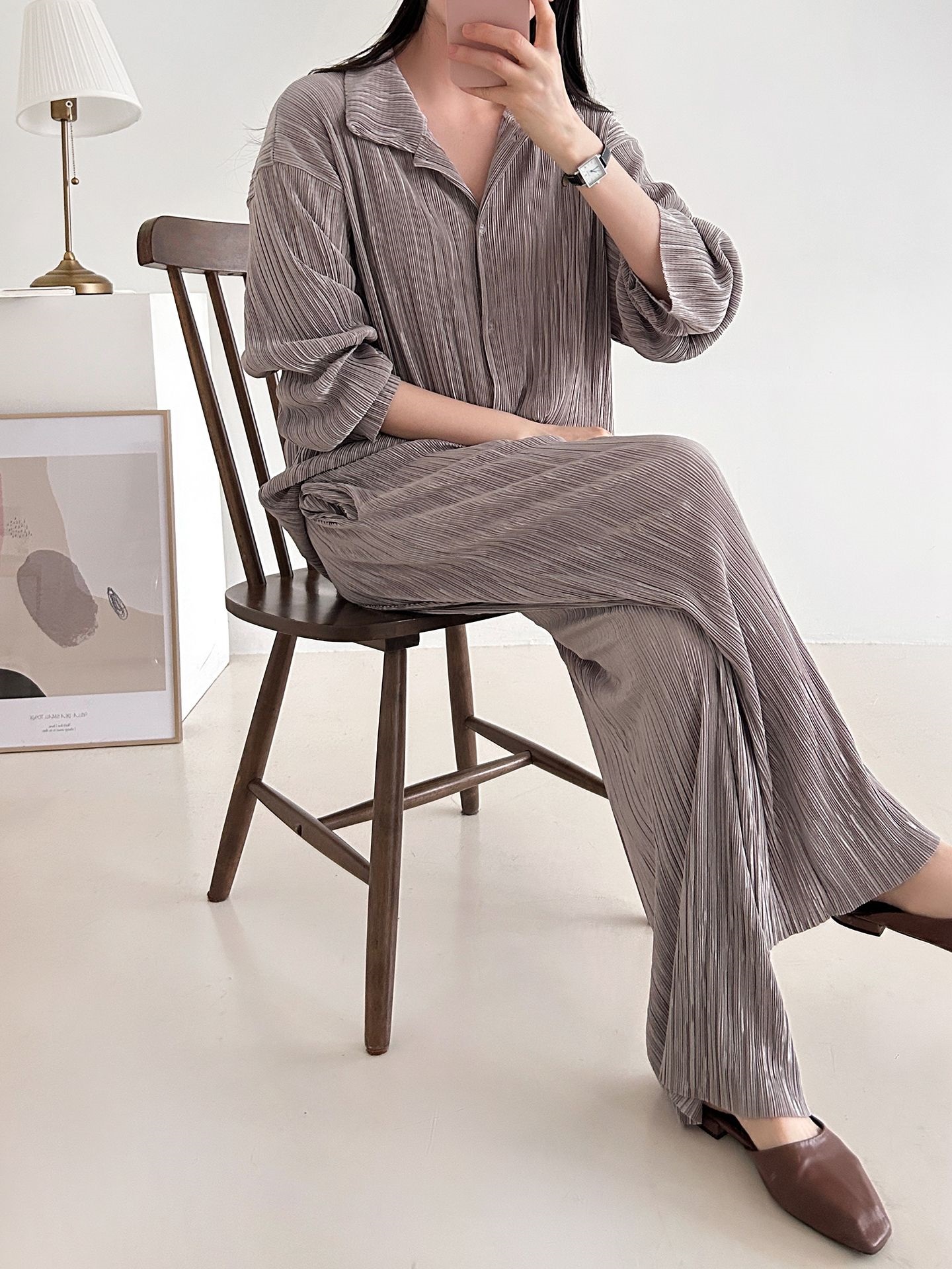 カラーリンクルベーシックウエストゴム長袖ワイドセットアップパンツシャツ | 詳細画像15