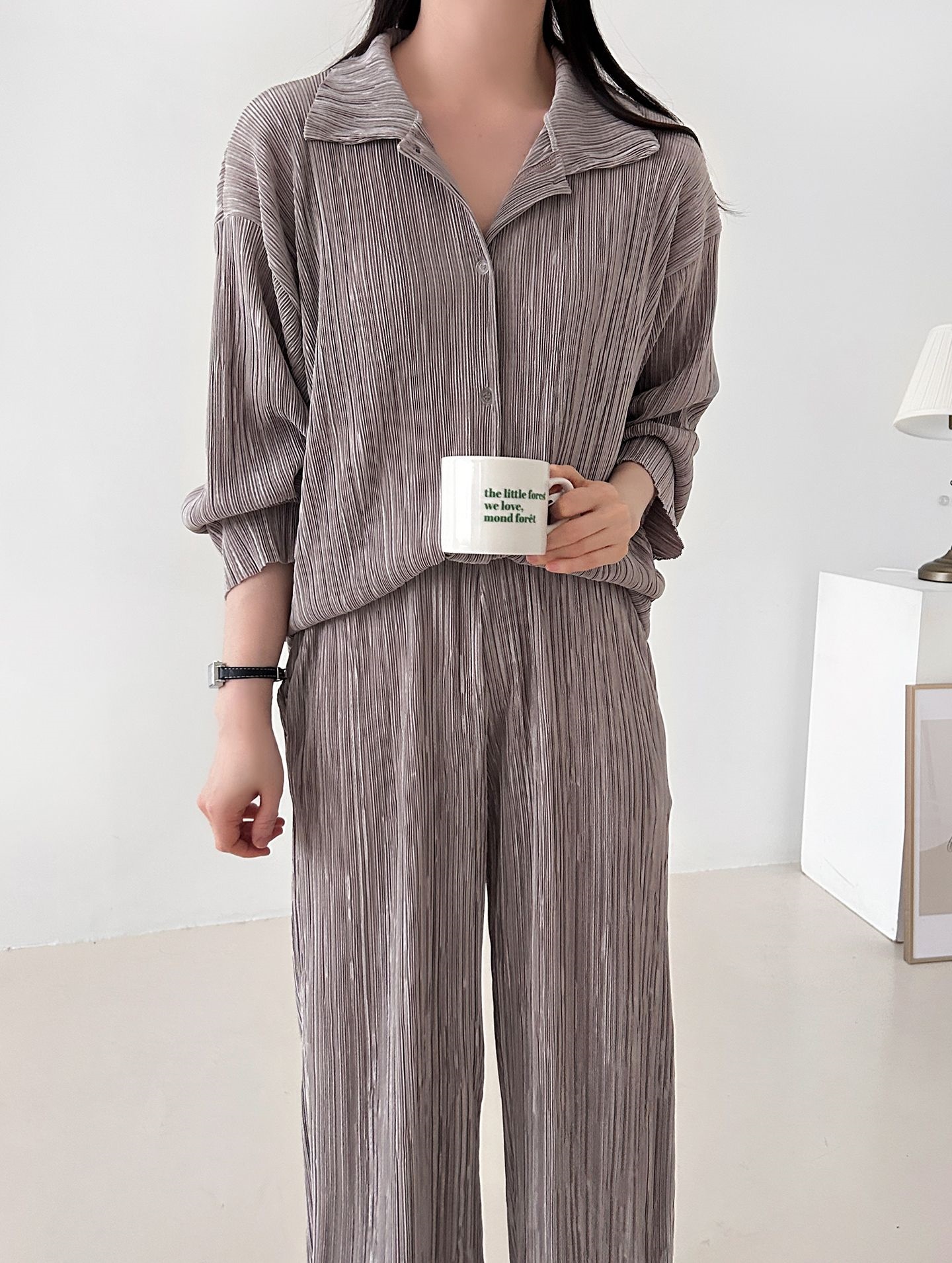 カラーリンクルベーシックウエストゴム長袖ワイドセットアップパンツシャツ | 詳細画像16