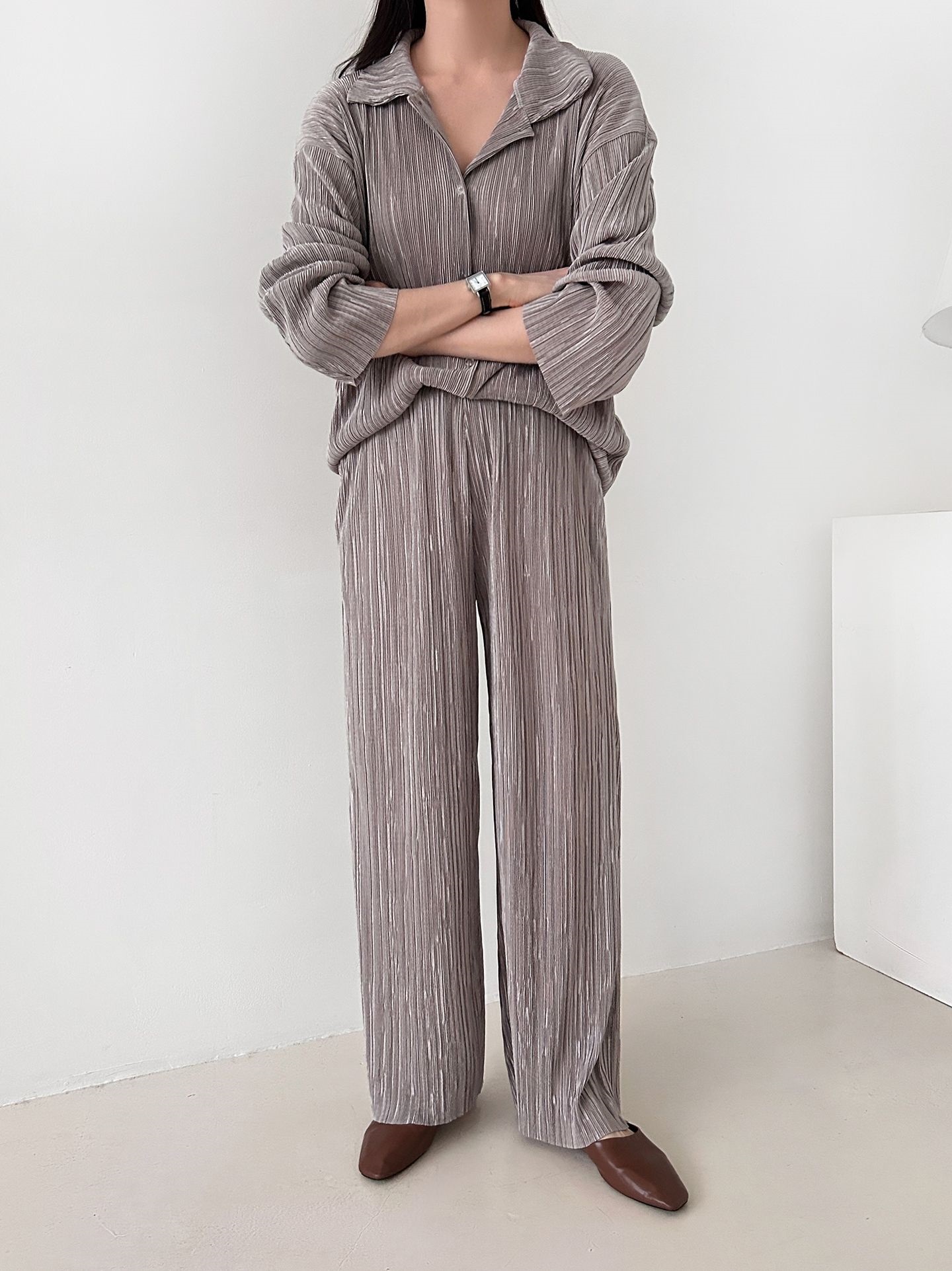 カラーリンクルベーシックウエストゴム長袖ワイドセットアップパンツシャツ | 詳細画像17