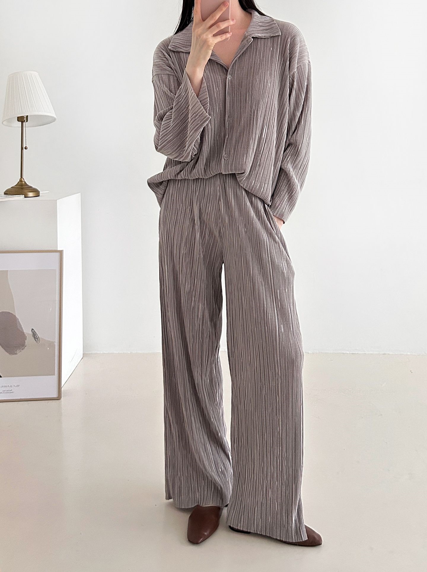 カラーリンクルベーシックウエストゴム長袖ワイドセットアップパンツシャツ | 詳細画像18