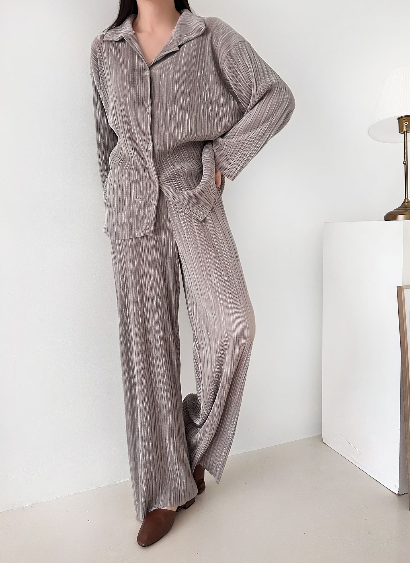 カラーリンクルベーシックウエストゴム長袖ワイドセットアップパンツシャツ | 詳細画像20