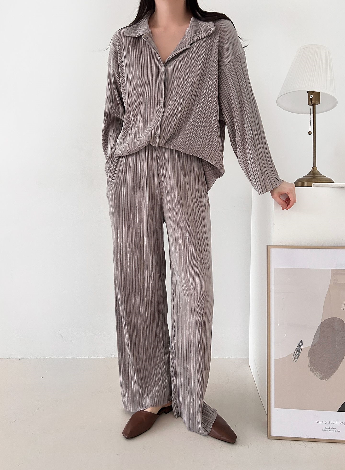 カラーリンクルベーシックウエストゴム長袖ワイドセットアップパンツシャツ | 詳細画像19