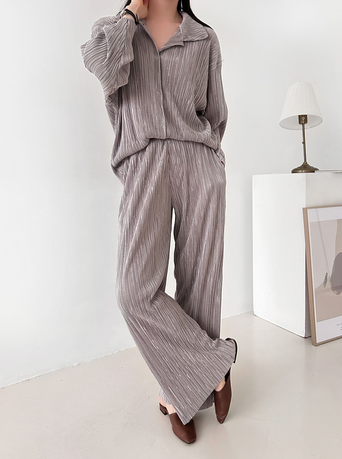 カラーリンクルベーシックウエストゴム長袖ワイドセットアップパンツシャツ | 詳細画像21