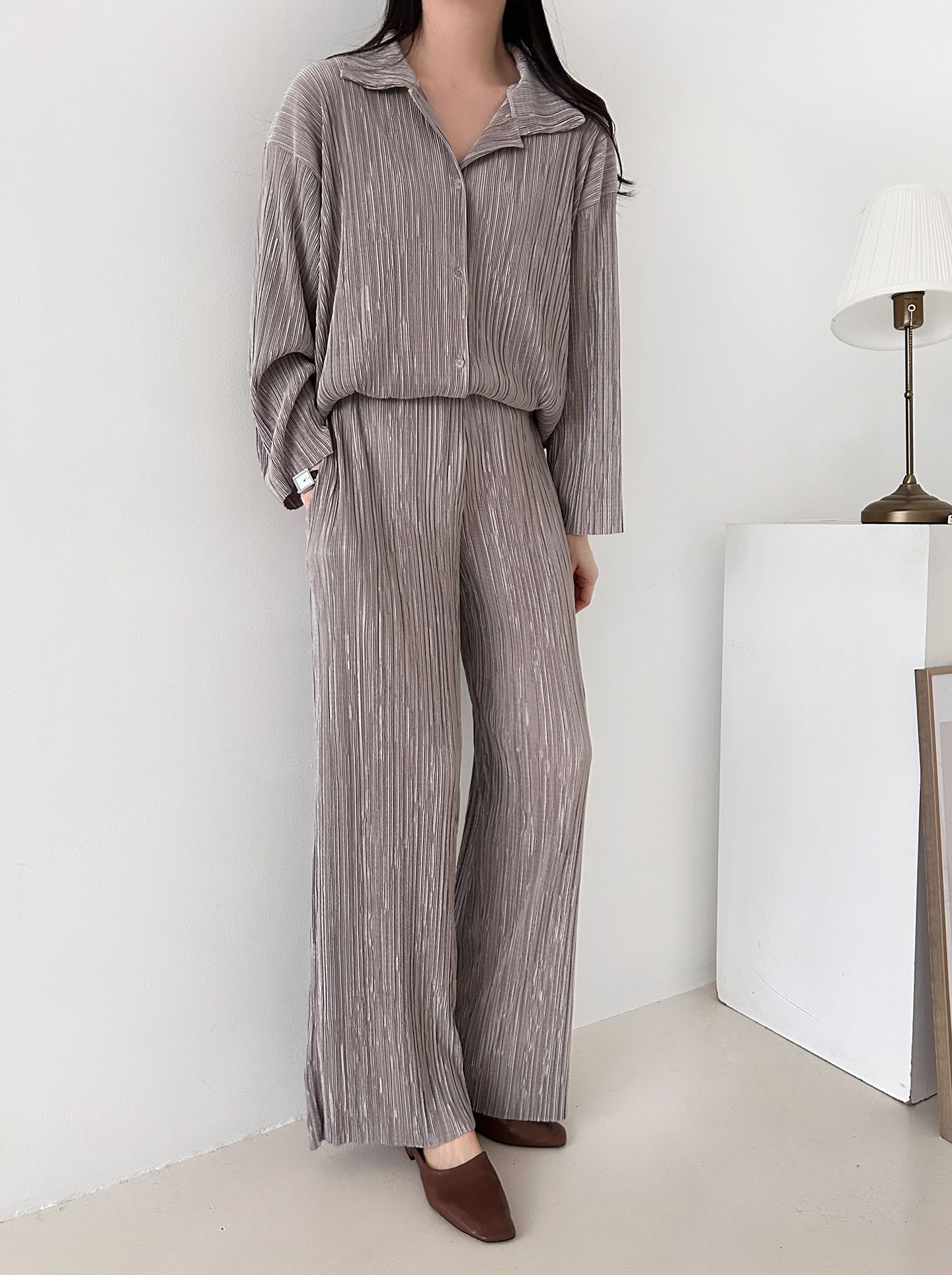 カラーリンクルベーシックウエストゴム長袖ワイドセットアップパンツシャツ | 詳細画像22