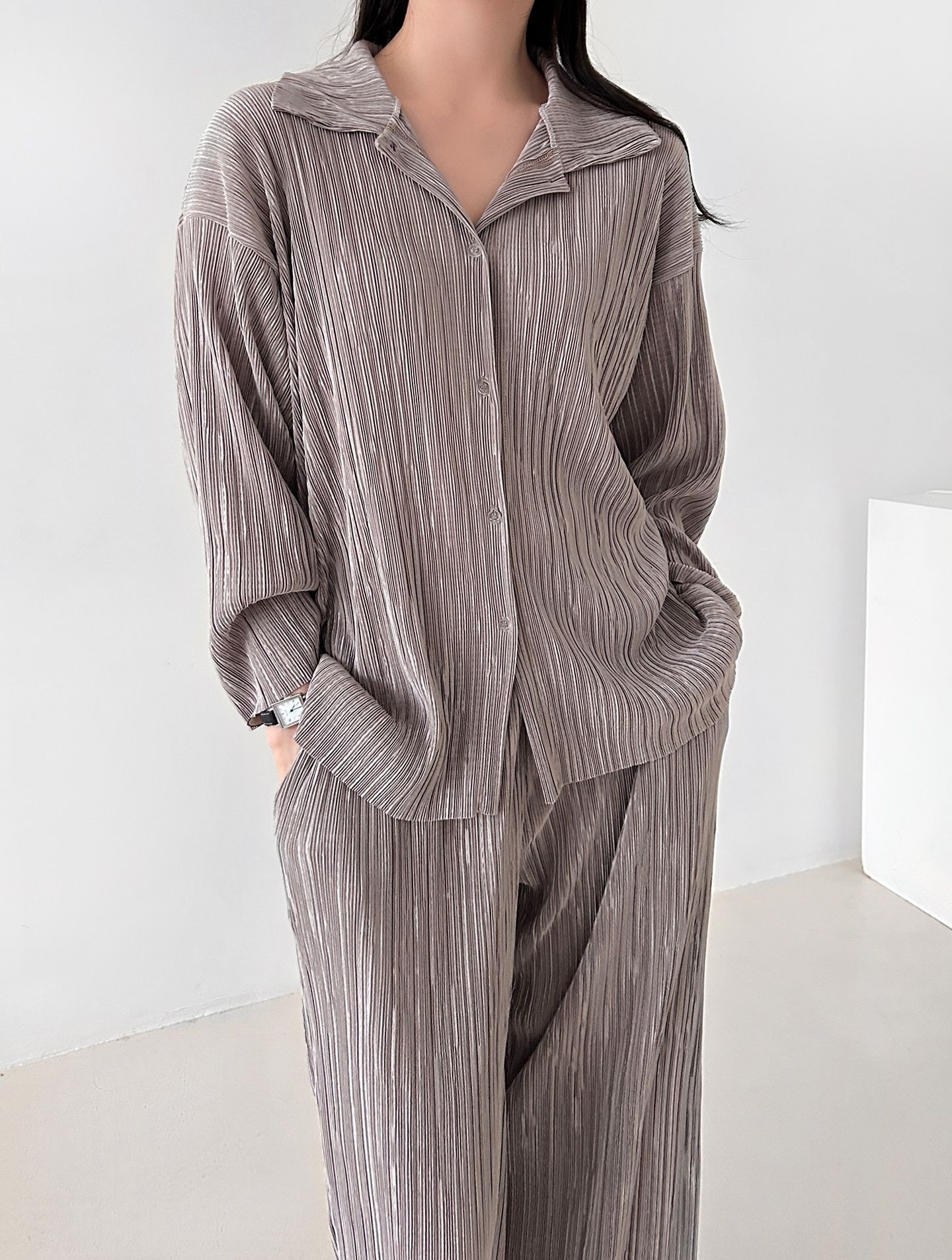 カラーリンクルベーシックウエストゴム長袖ワイドセットアップパンツシャツ | 詳細画像23