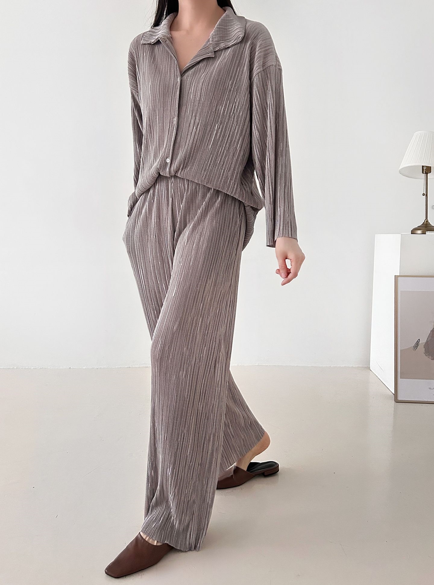 カラーリンクルベーシックウエストゴム長袖ワイドセットアップパンツシャツ | 詳細画像24