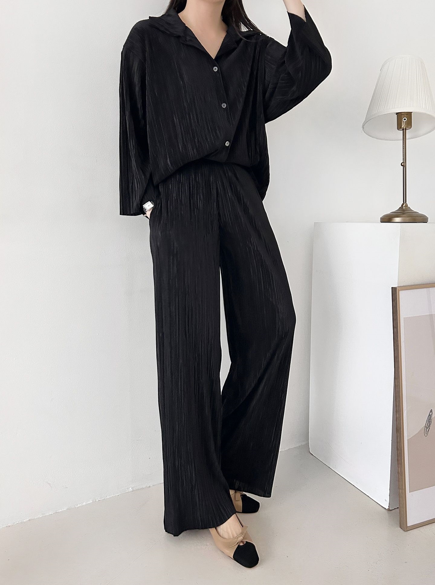 カラーリンクルベーシックウエストゴム長袖ワイドセットアップパンツシャツ | 詳細画像25