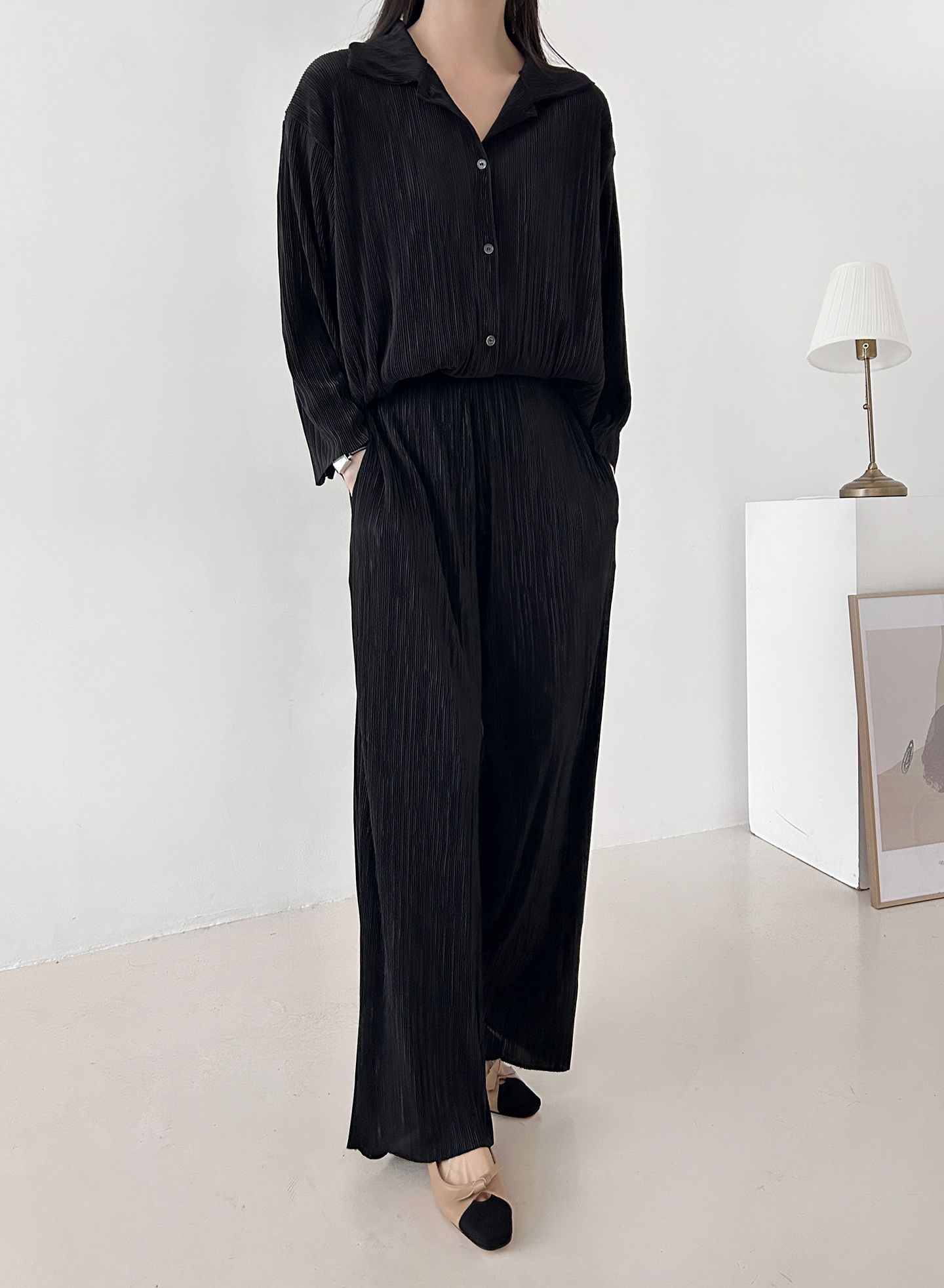 カラーリンクルベーシックウエストゴム長袖ワイドセットアップパンツシャツ | 詳細画像26