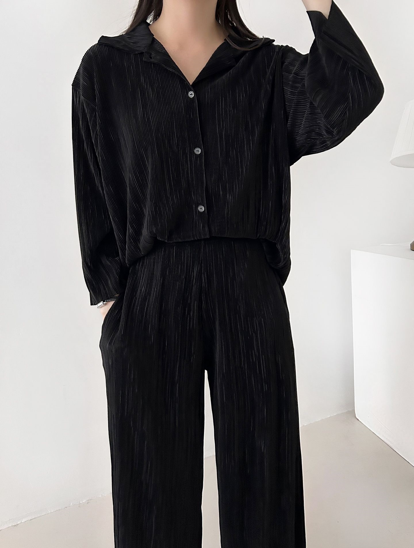 カラーリンクルベーシックウエストゴム長袖ワイドセットアップパンツシャツ | 詳細画像28