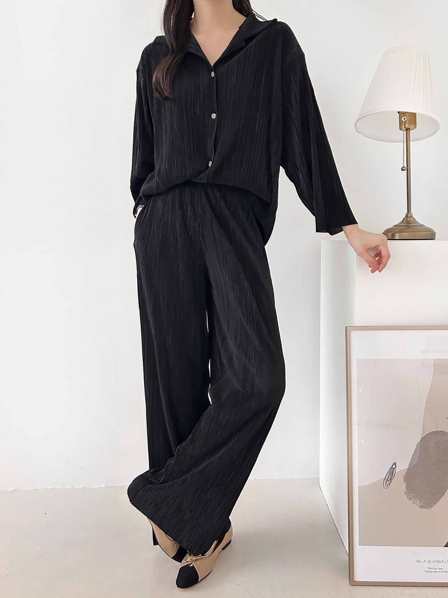 カラーリンクルベーシックウエストゴム長袖ワイドセットアップパンツシャツ | 詳細画像29