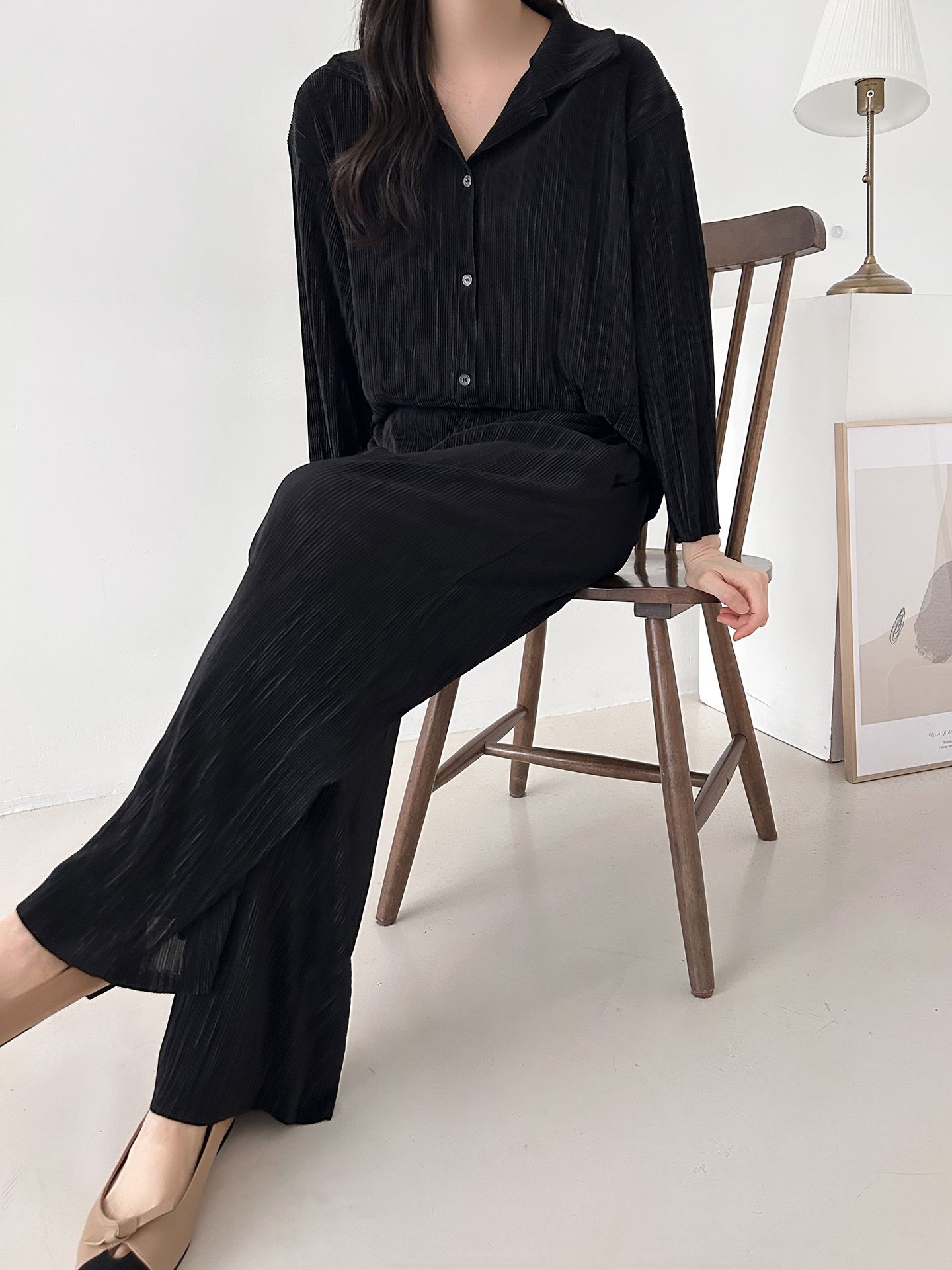 カラーリンクルベーシックウエストゴム長袖ワイドセットアップパンツシャツ | 詳細画像30