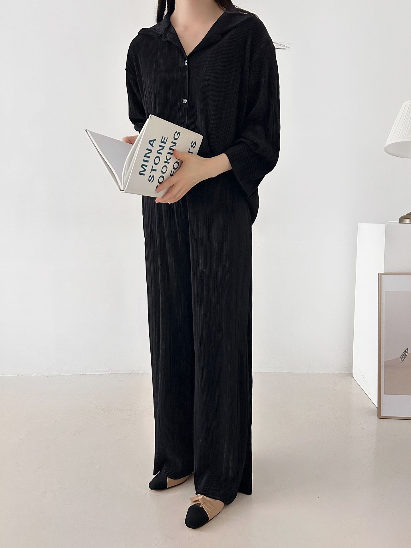 カラーリンクルベーシックウエストゴム長袖ワイドセットアップパンツシャツ | 詳細画像31