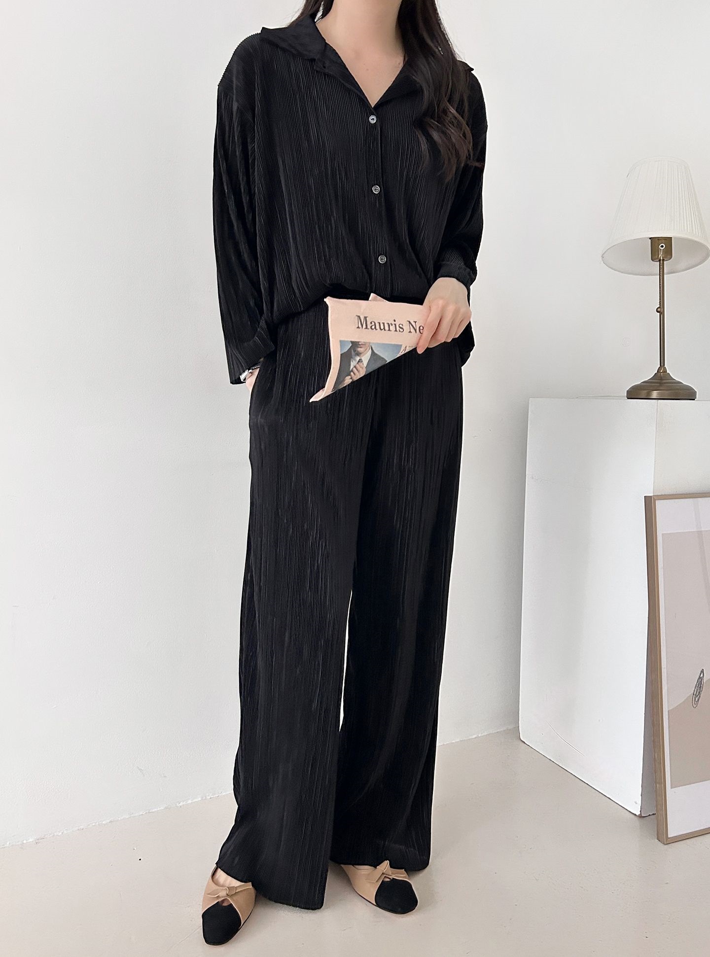 カラーリンクルベーシックウエストゴム長袖ワイドセットアップパンツシャツ | 詳細画像32