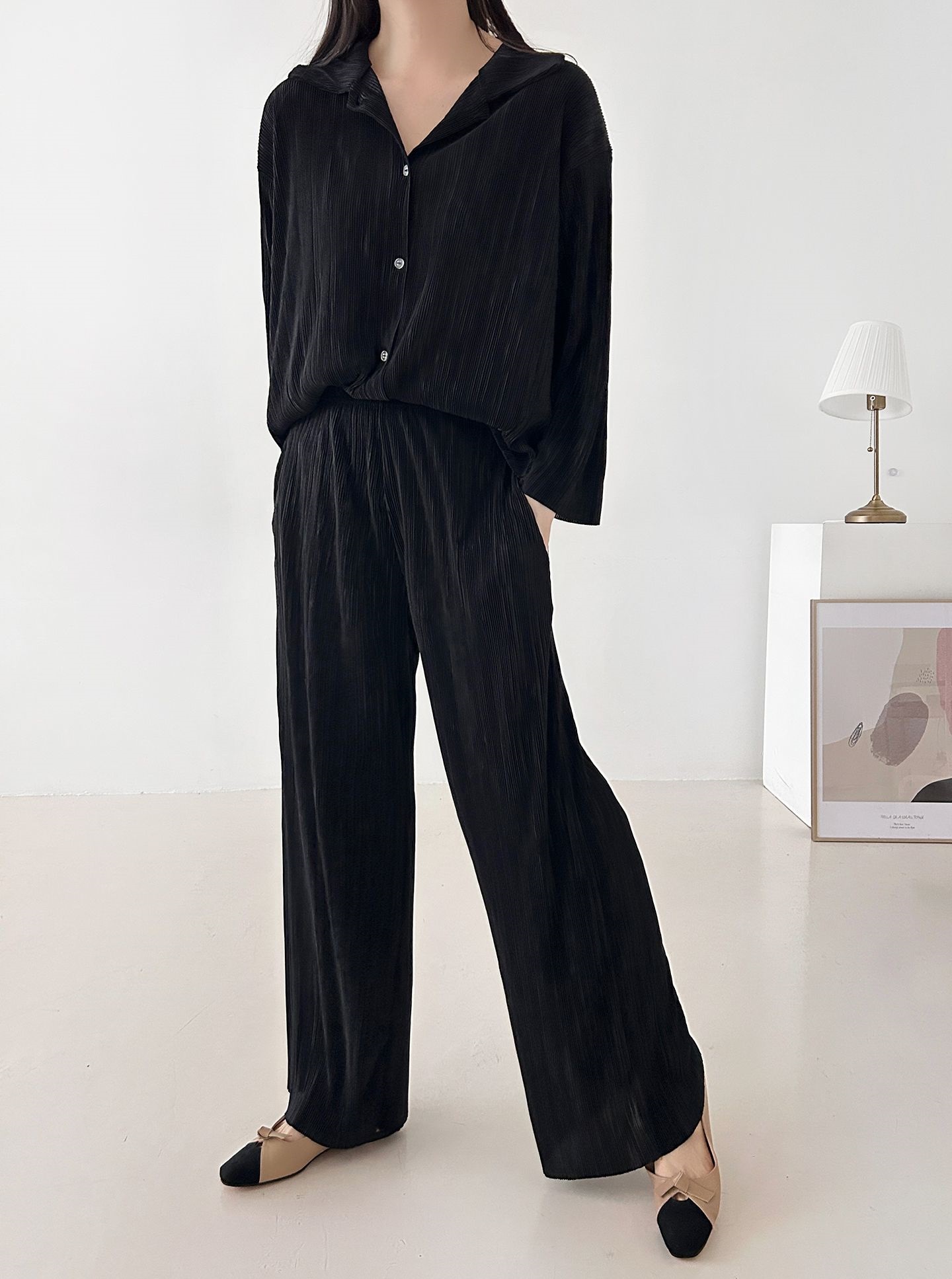 カラーリンクルベーシックウエストゴム長袖ワイドセットアップパンツシャツ | 詳細画像34