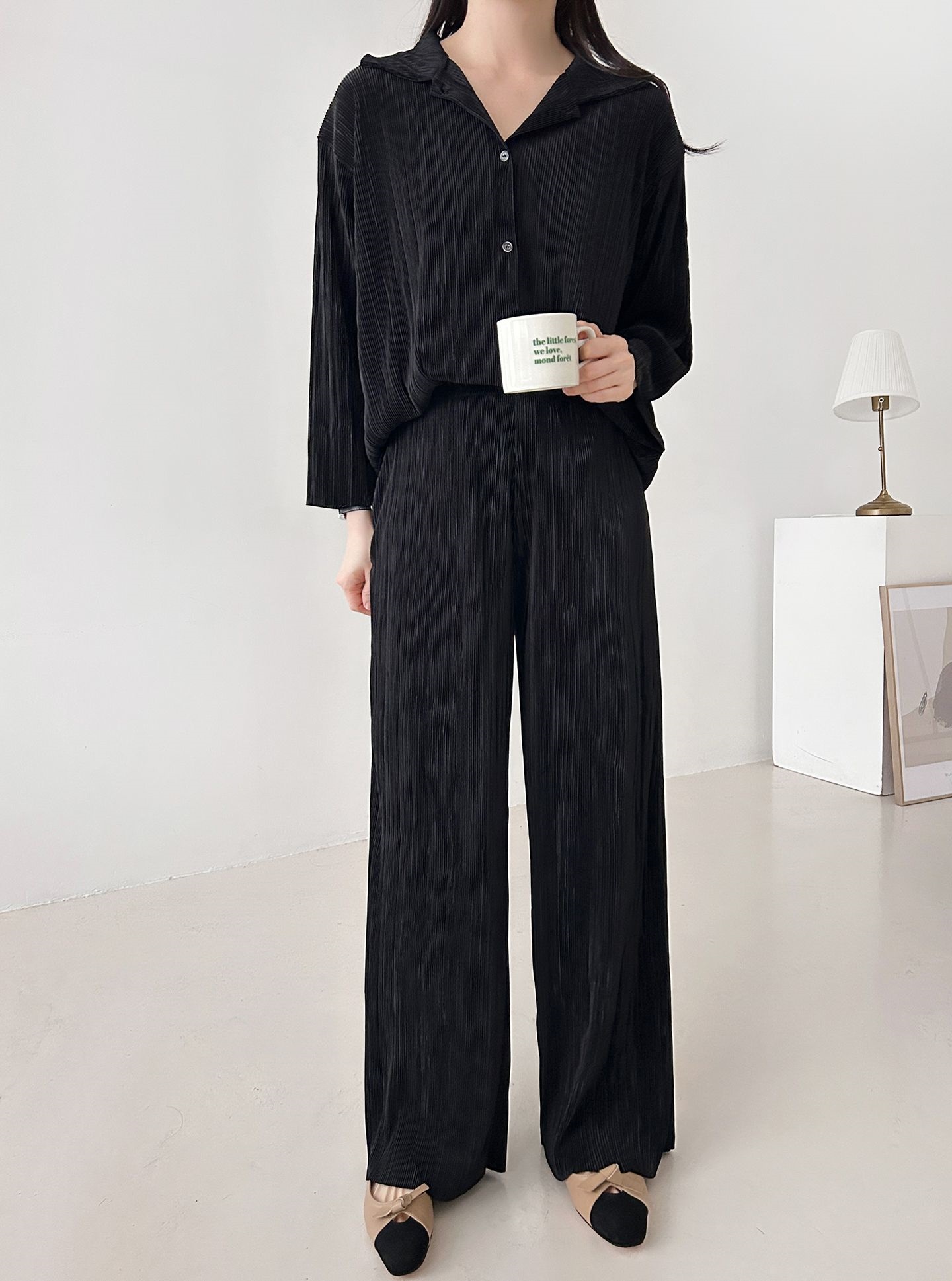 カラーリンクルベーシックウエストゴム長袖ワイドセットアップパンツシャツ | 詳細画像35