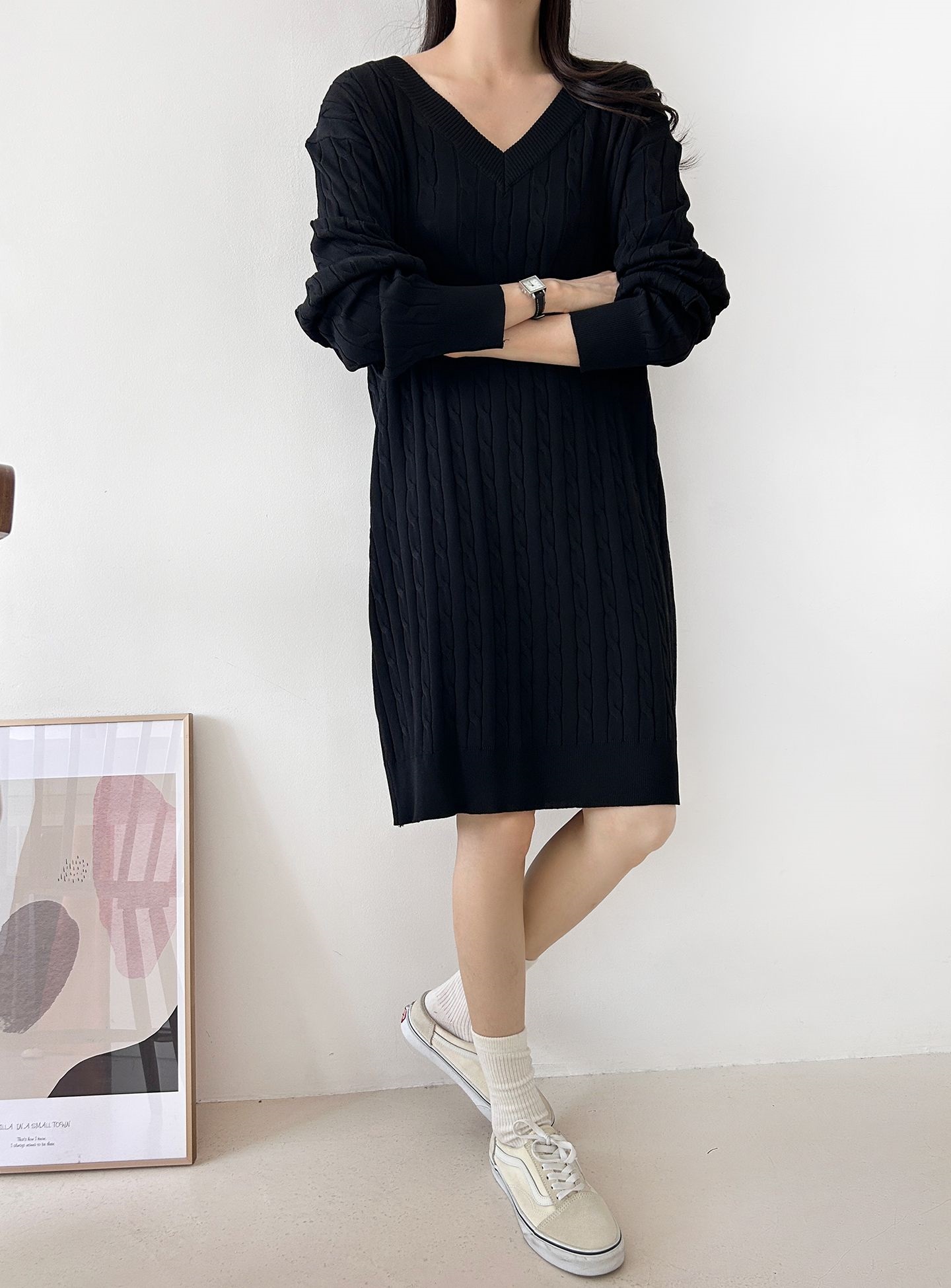 ニットVネックロング長袖ケーブルワンピース | 詳細画像16