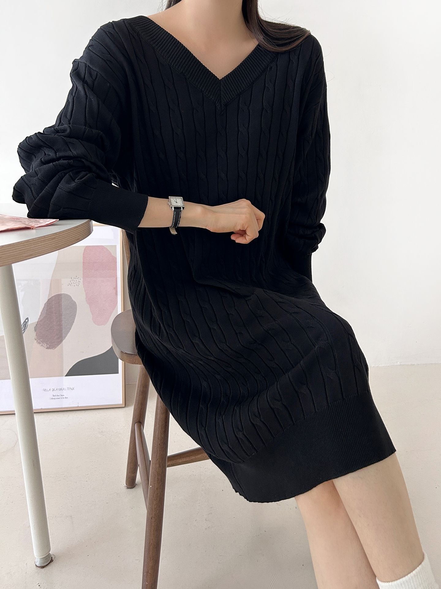 ニットVネックロング長袖ケーブルワンピース | 詳細画像26