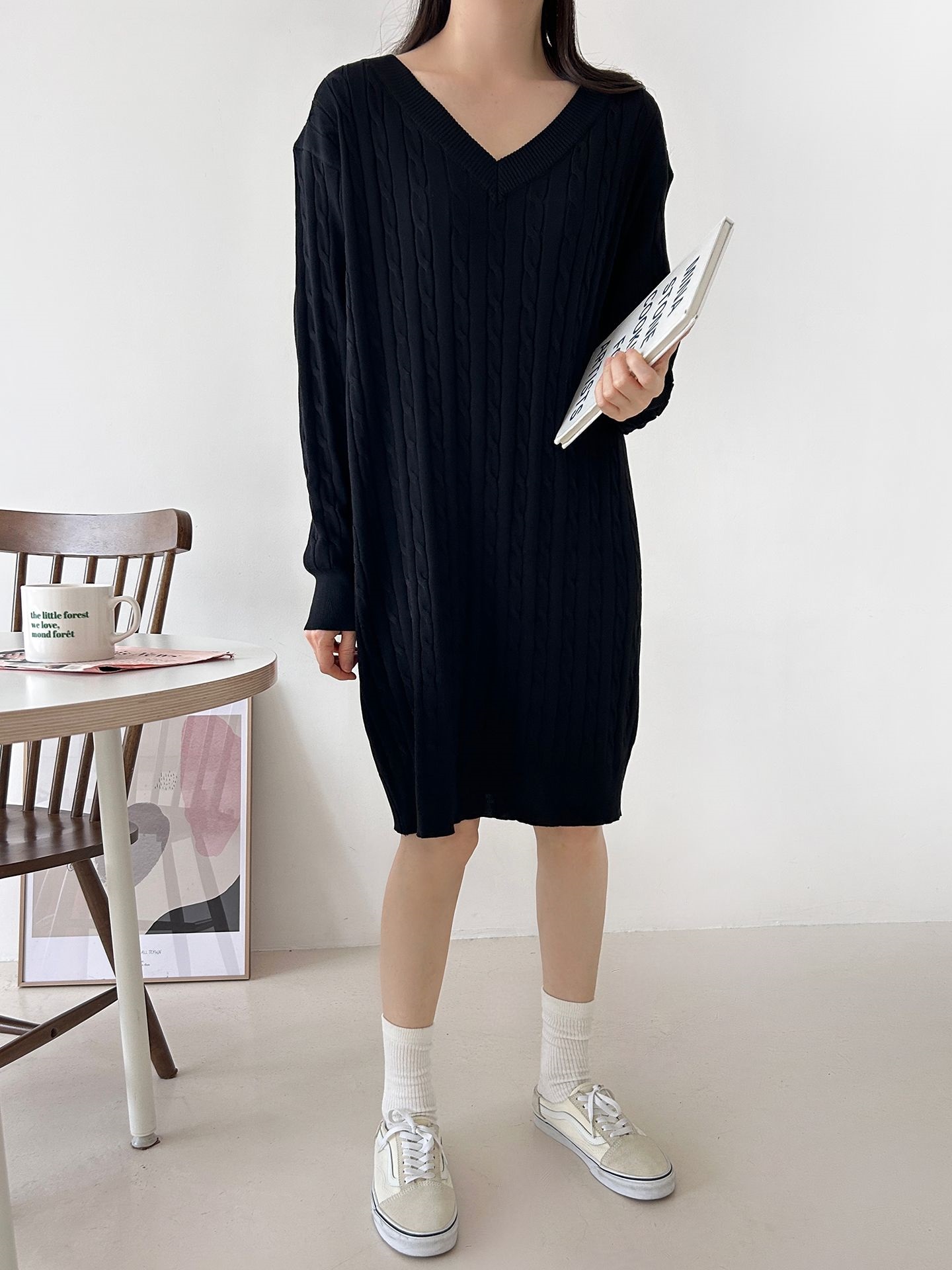 ニットVネックロング長袖ケーブルワンピース | 詳細画像33